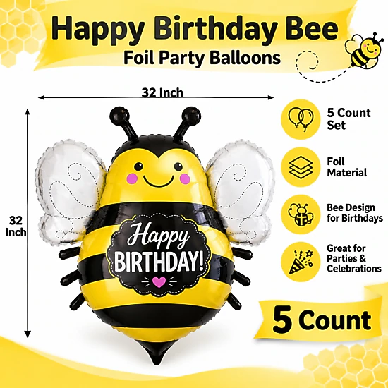 LoonBalloon 32 in 5-Pack Happy Bee Animal Birthday Foil Balloons, Color ...