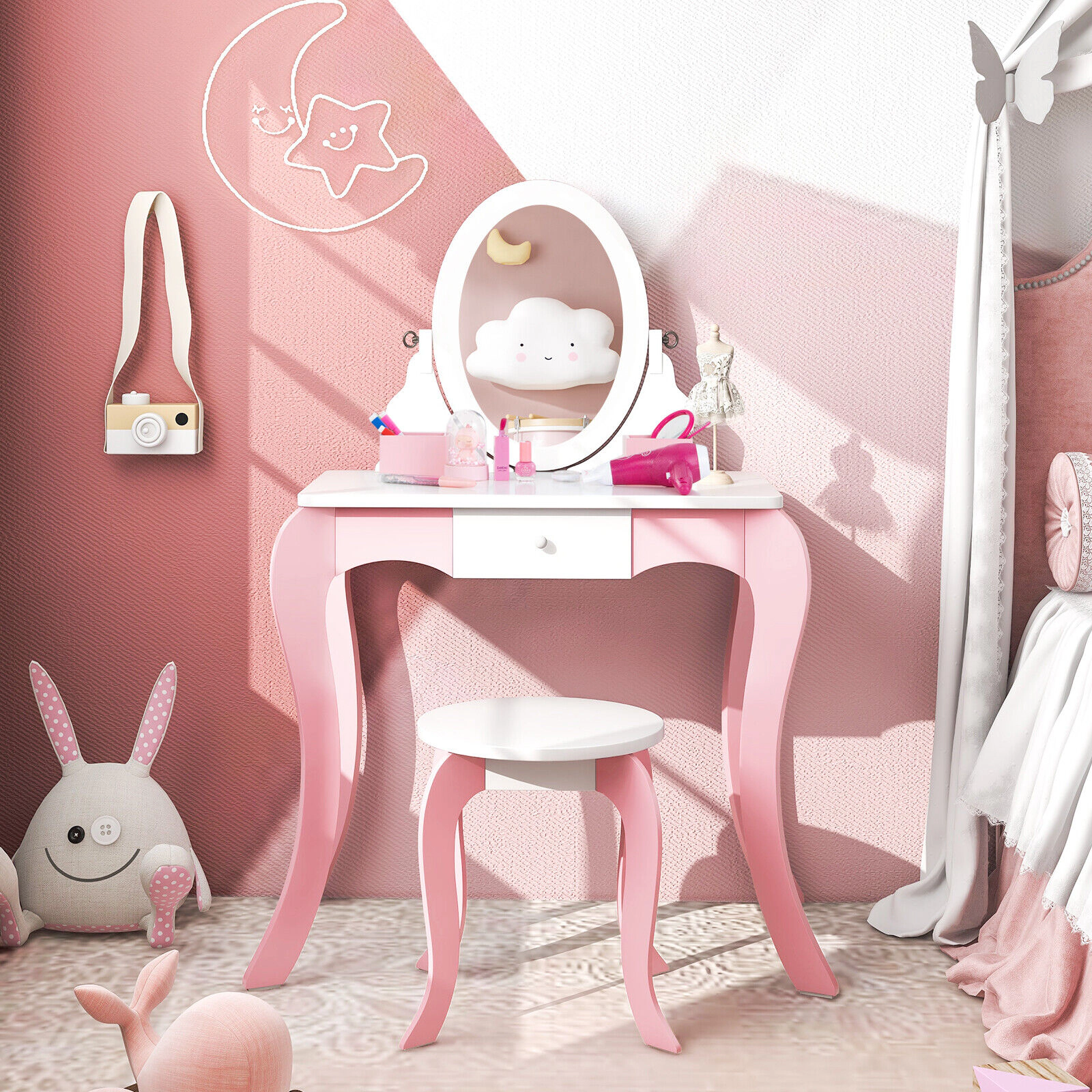 SUGIFT 2-in-1 Detachable Kids Vanity Table & Stool Set 360° Rotatable Mirror 66-lb Tabletop Capacity Ages 3-7 Pink +