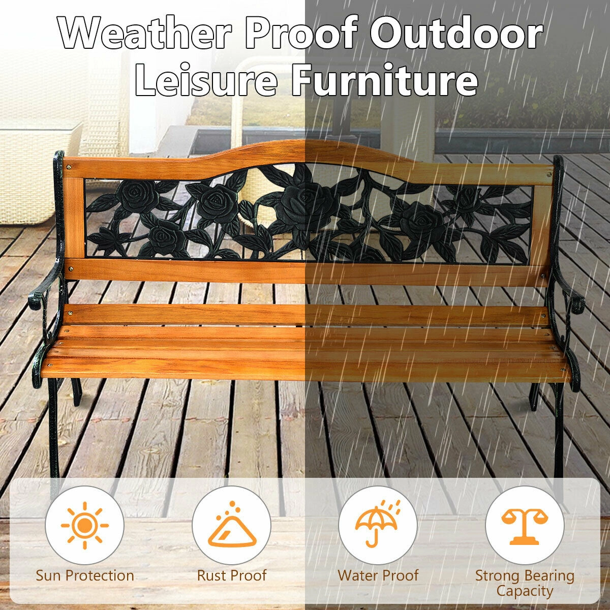 Hivvago Garden Bench Chair Outdoor Wooden Loveseat With Iron Armrest