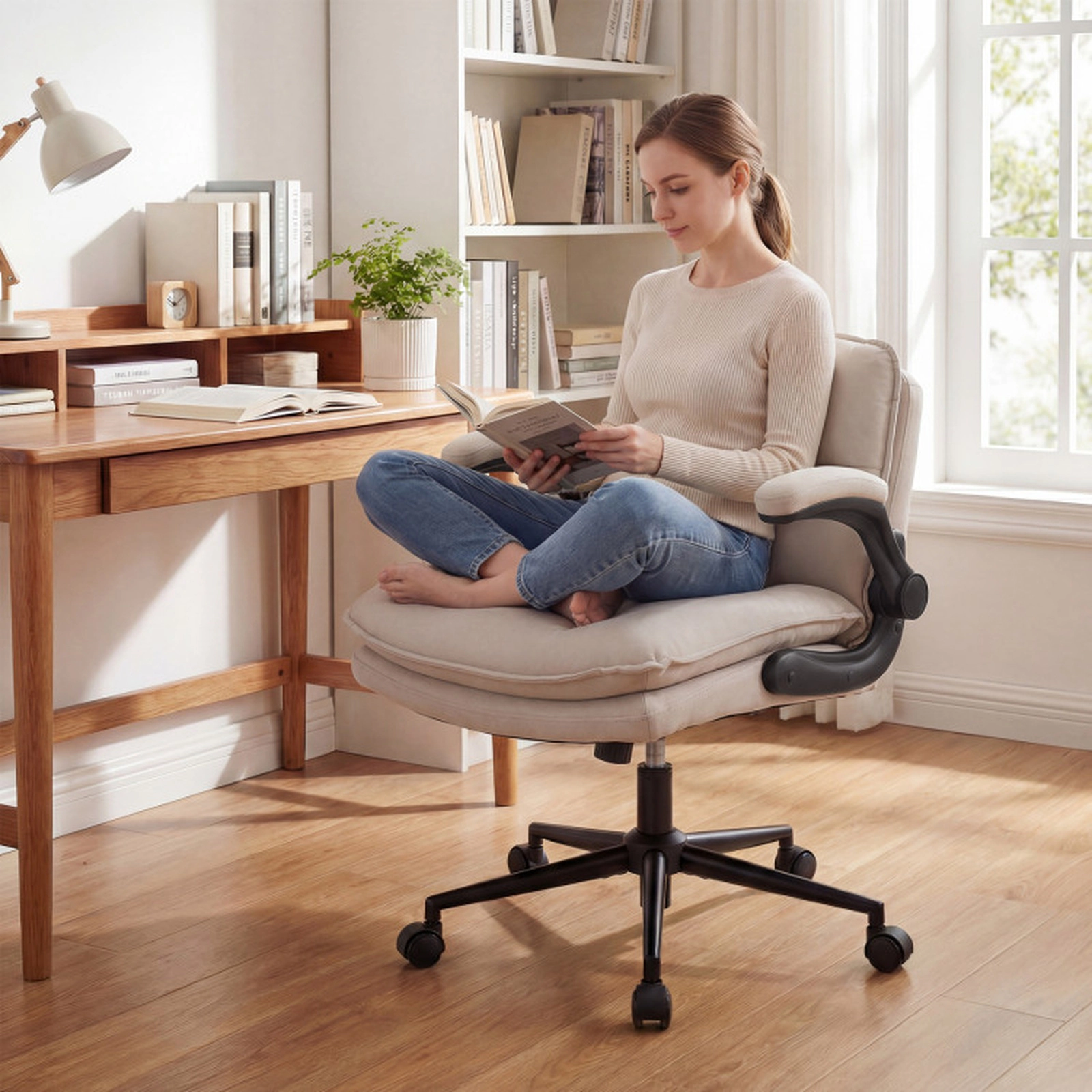 SUGIFT Flip-up Arms Adjustable Height Criss Cross Rolling Office Chair 31-in x 27-in x 32.5-in 330-lb Beige
