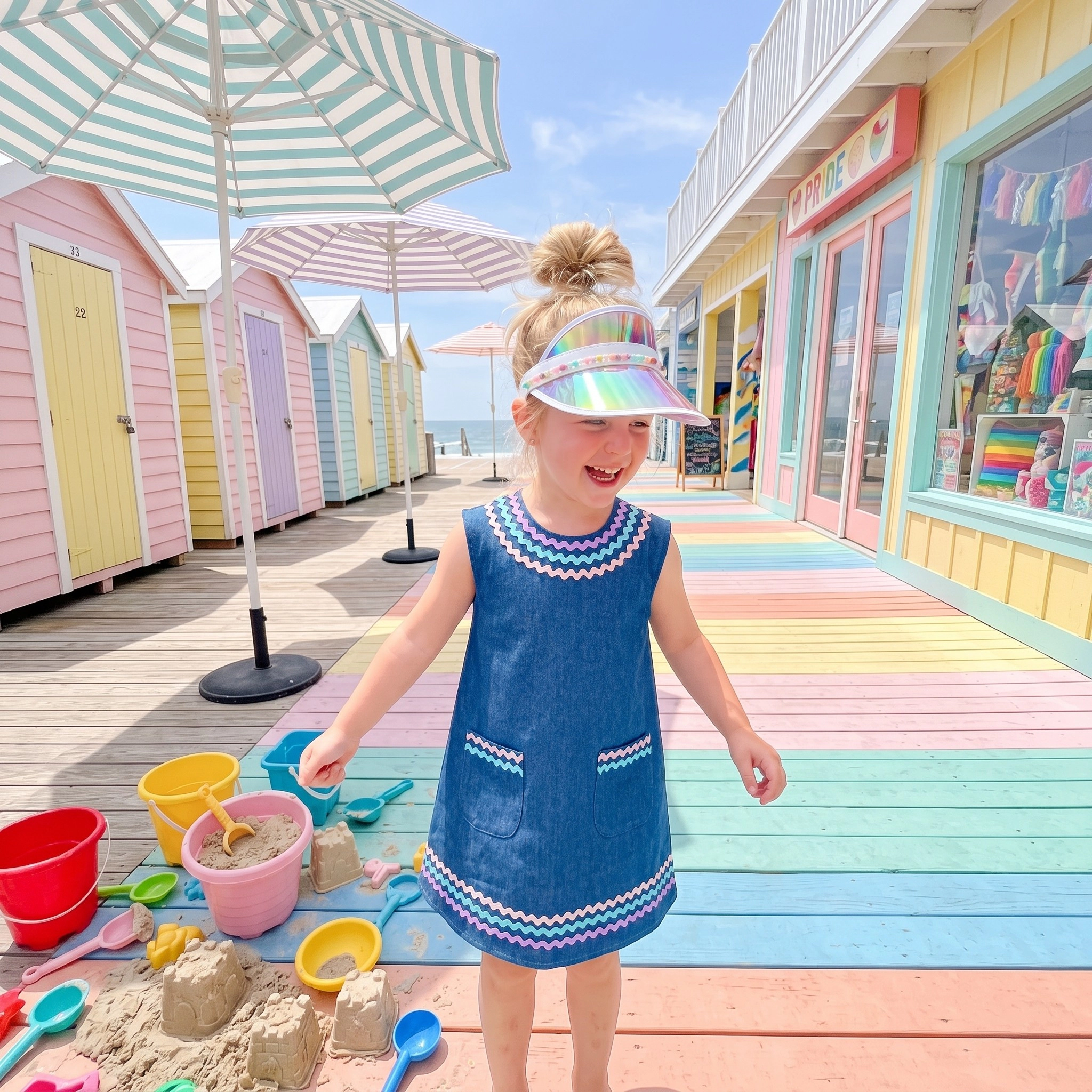 2Bunnies Girls 4T-8Y Pastel Ric Rac Denim Sleeveless Dress with Pockets