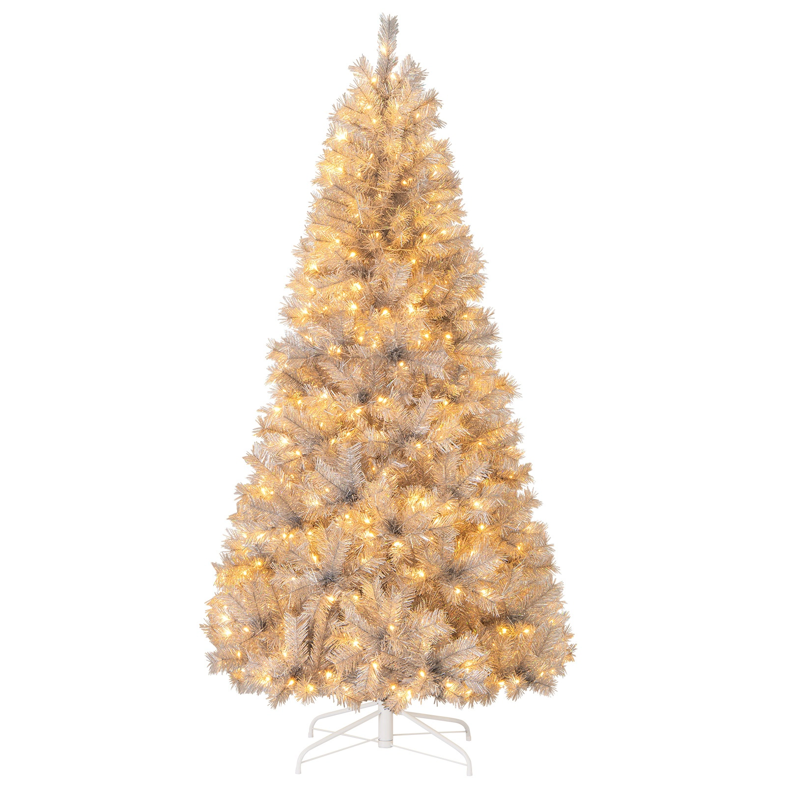 SUGIFT Artificial Xmas Tree with Branch Tips and Warm White LED Lights 7-ft Silver