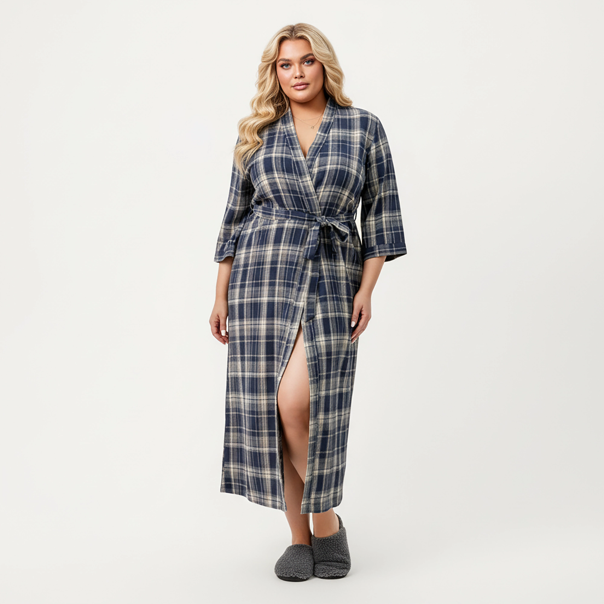 Anna-Kaci Women's Plus Plaid Long Robe with Brushed Texture Adjustable Waist Tie and Three-Quarter Sleeves