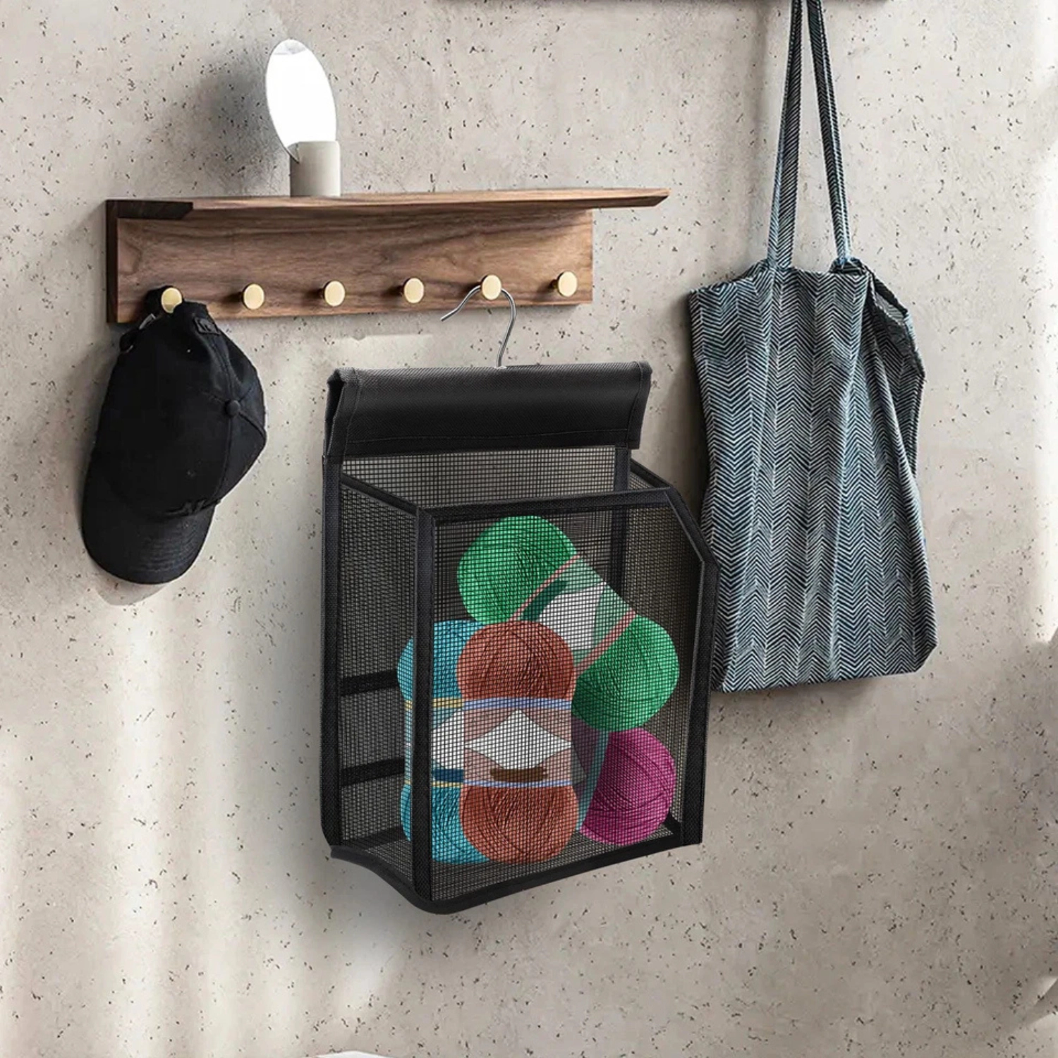 SS Design Hanging Mesh Shower Caddy Organizer Bathroom Storage Bag with 2 Removable Hooks