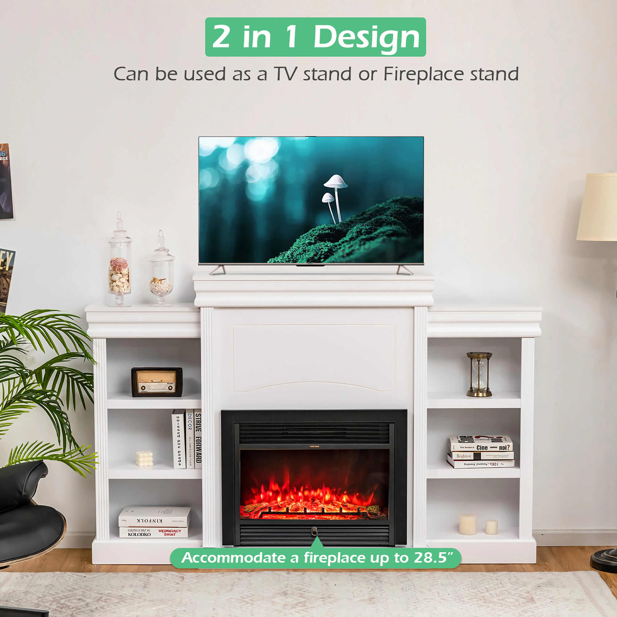 Costway 70'' Fireplace TV Stand Modern Media Entertainment Center Bookcase Black