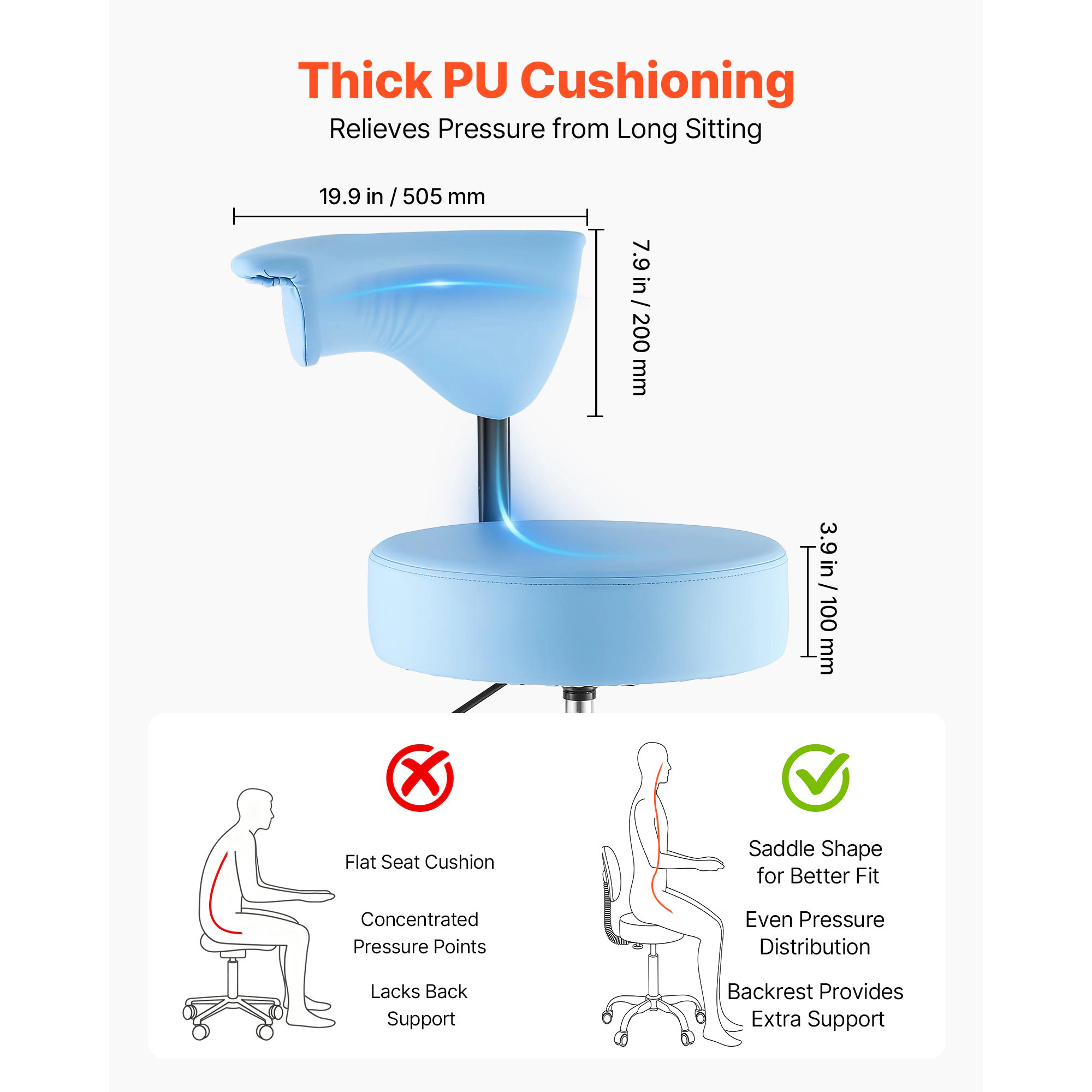 HONGGE Height-Adjustable Rolling Office Stool with Backrest, 360 Swivel PU Leather Seat, 500 lbs Capacity, Blue