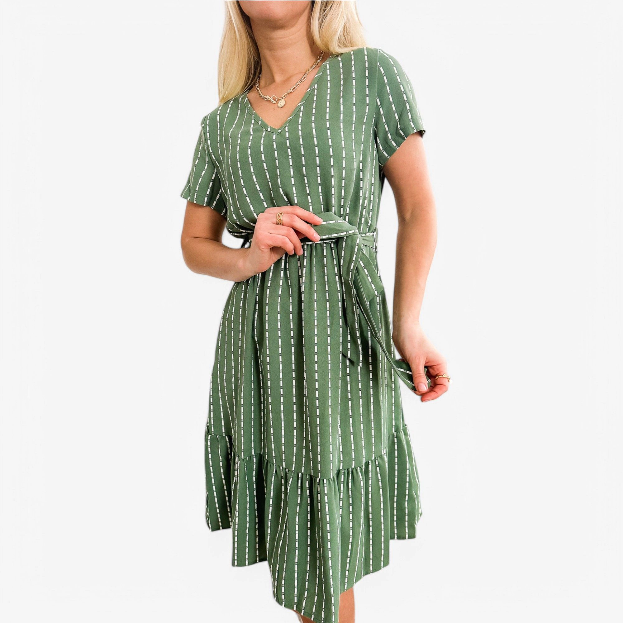 Anna-Kaci Women's V Neck Short Sleeve Tiered Waist Tie Midi Dress