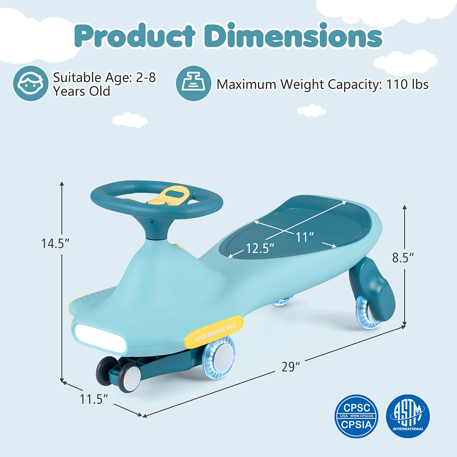 SUGIFT Blue Kids Ride-On Wiggle Car with 6 LED Flashing Wheels Music and Wide Wheelbase Ages 2-8