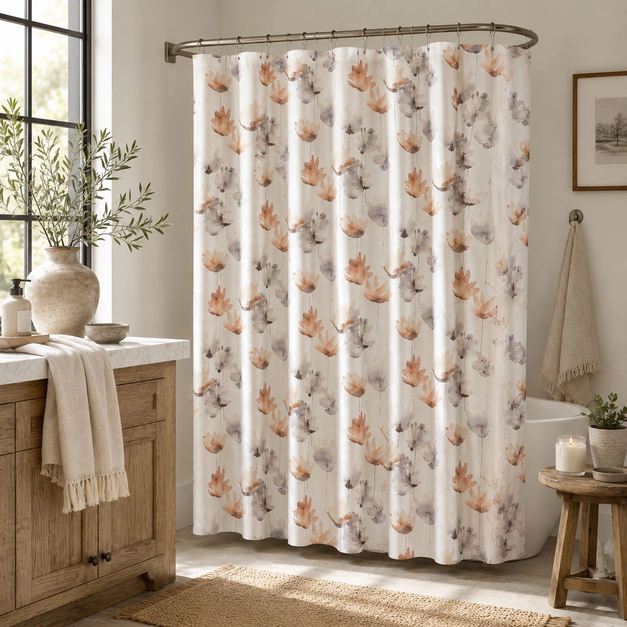 Kate Aurora Amagansett White Watercolor Petals Fabric Shower Curtain