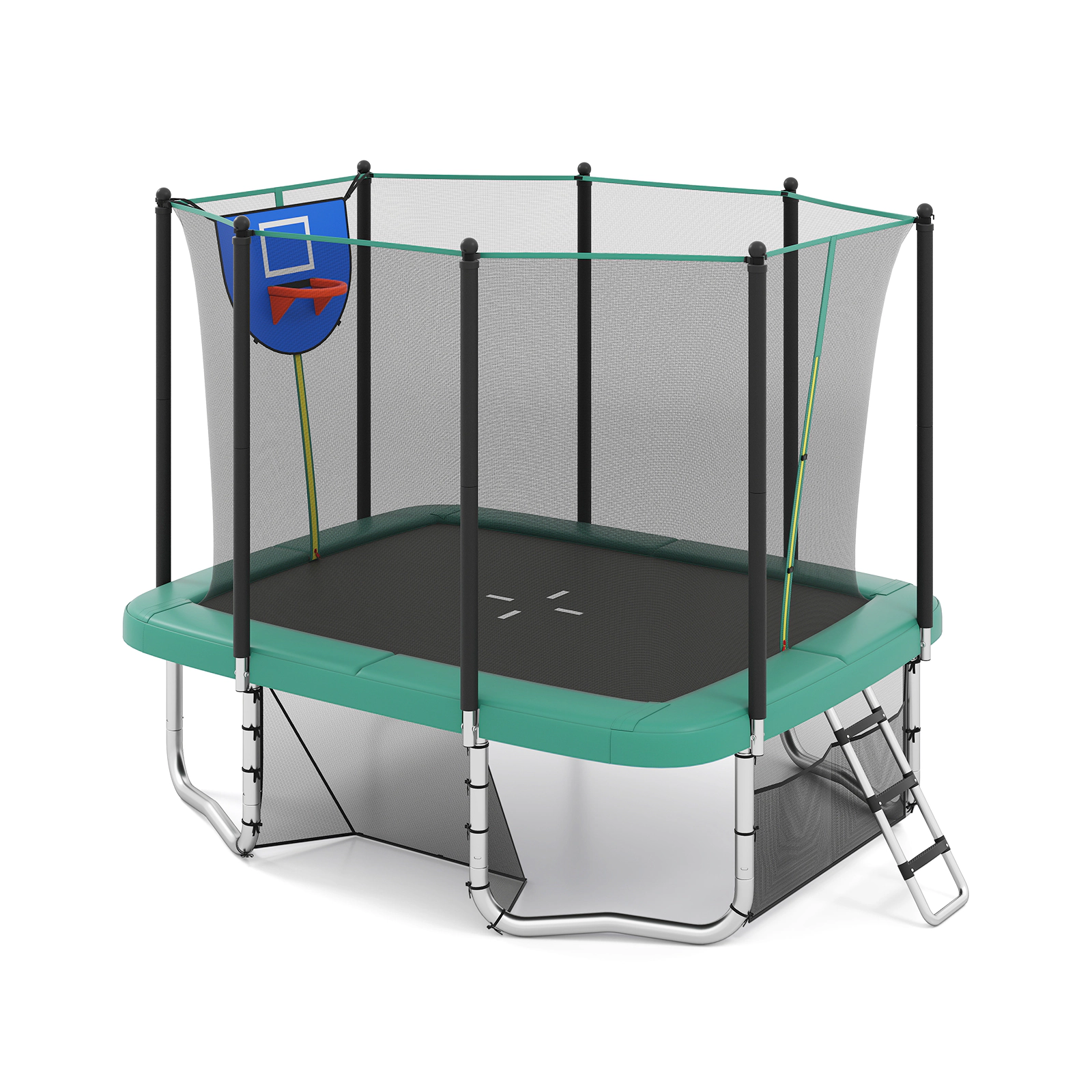 SUGIFT Green Basketball Hoop and Soccer Goal 10 x 8 FT Rectangle Outdoor Kids Trampoline