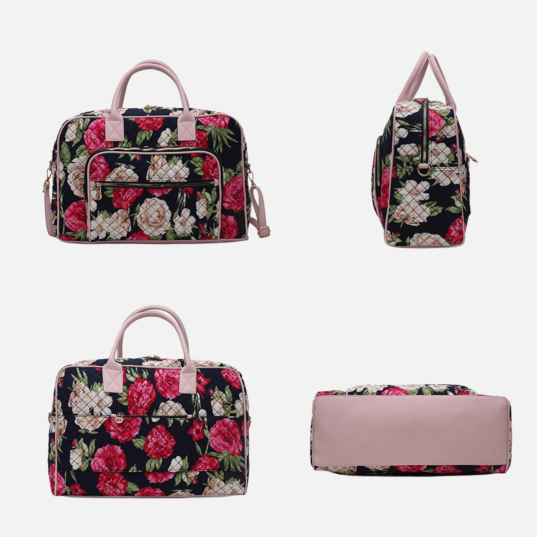 Mia K Collection Jayla Quilted Duffle Bag - Botanical Pattern, Vegan Leather Handles, Trolley Sleeve