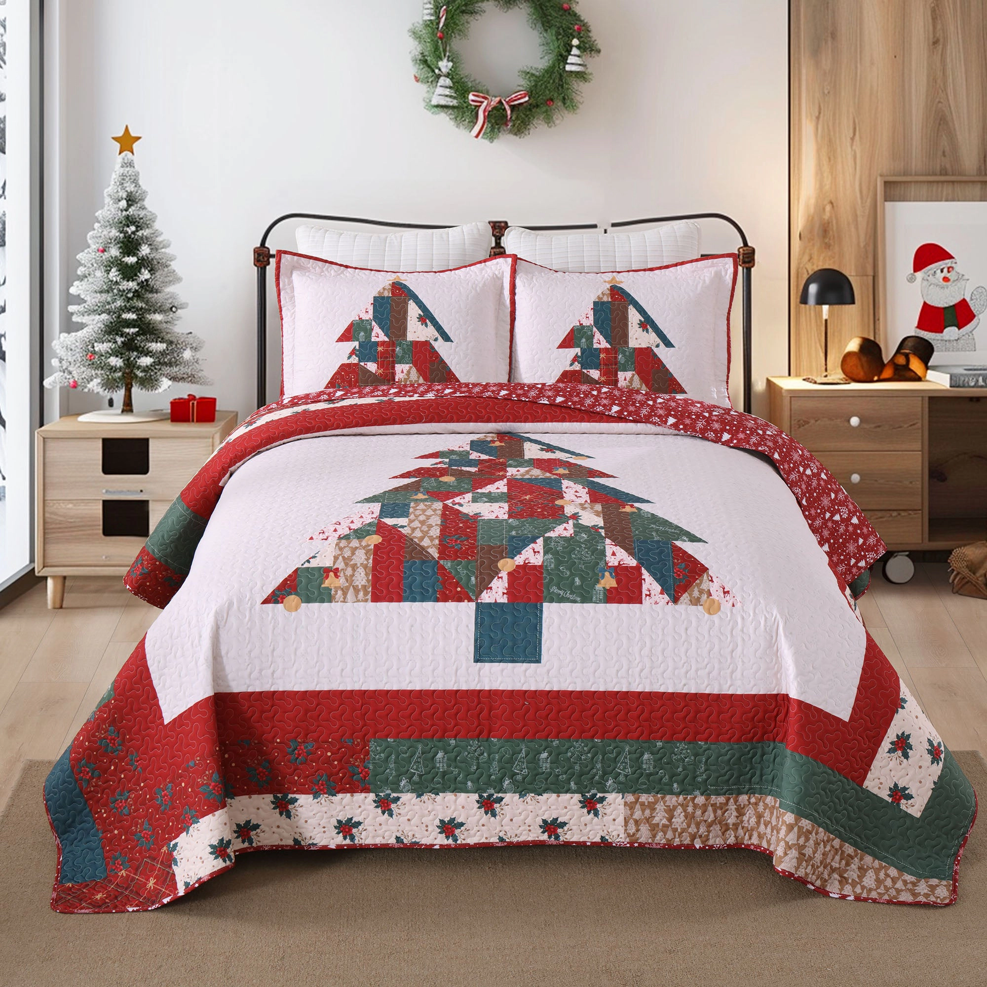 MarCielo 3 Piece Christmas Tree Quilt Set - Holiday Bedspread Set