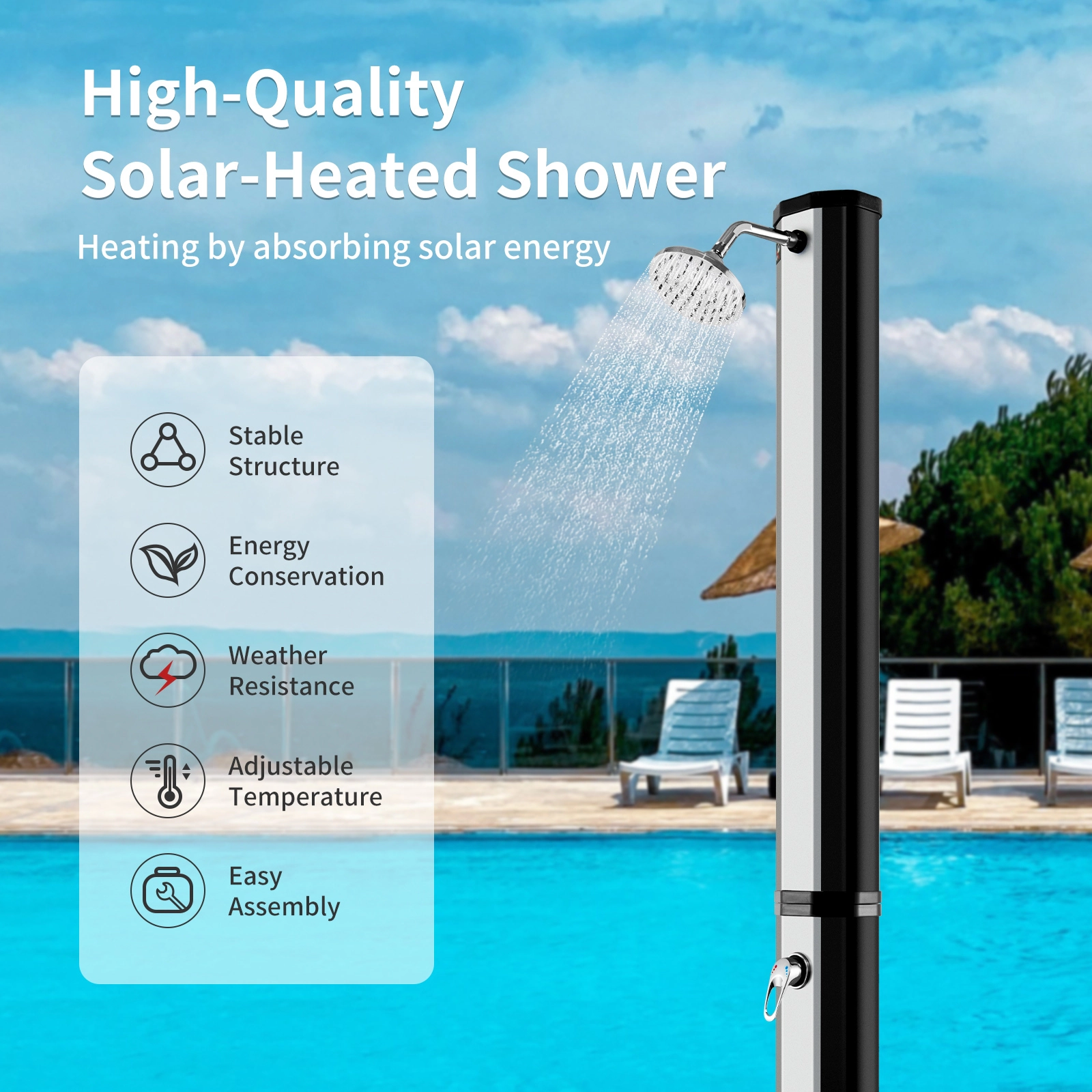 SUGIFT 7.2-ft Solar Heated 360-Degree Swivel Head Foot Tap Freestanding Outdoor Shower 9.3-Gallon 85.5-in Black