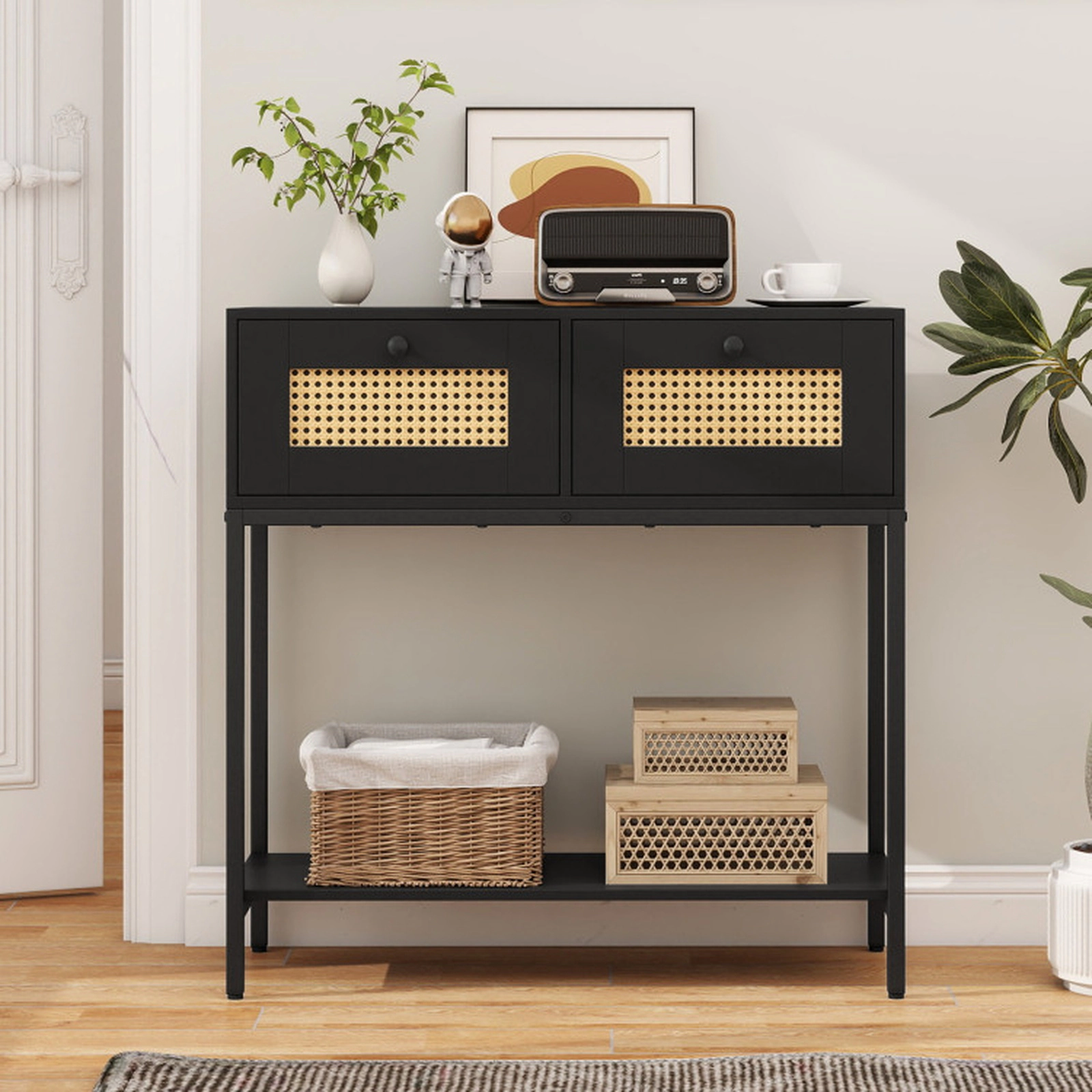 SUGIFT Rattan Console Entryway Table with 2 Drawers and Open Storage Shelf 132-lb Total Capacity 31.5-in Tall Black