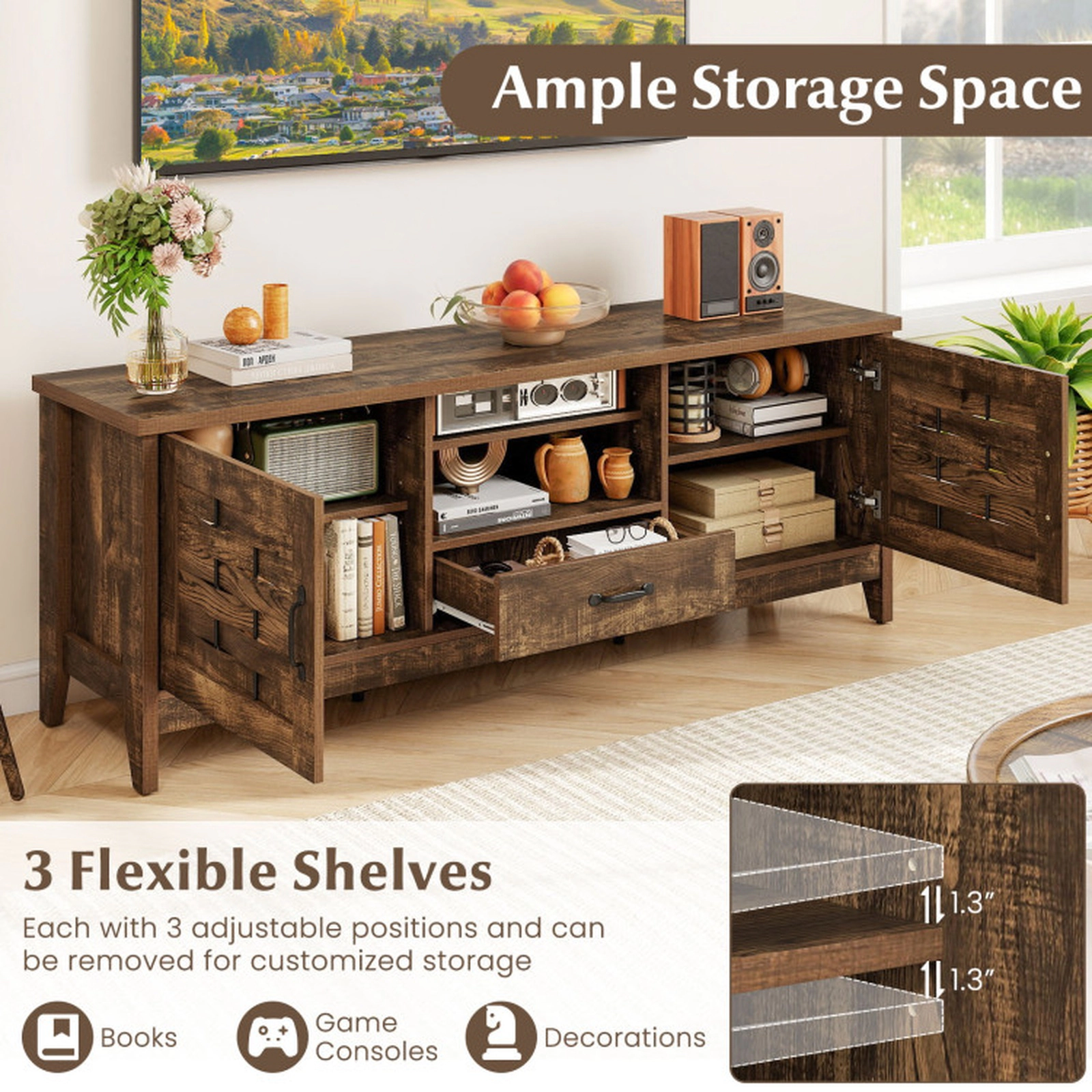 SUGIFT Rustic Brown Farmhouse TV Stand for TVs up to 65 in, Woven Doors, Drawer and Adjustable Shelves