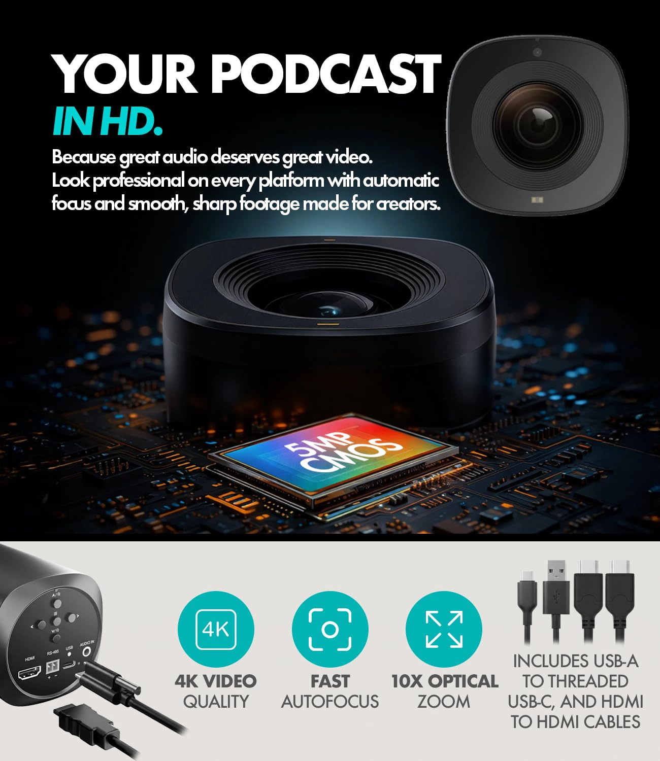 Movo Video Podcast Equipment Bundle – USB Audio Interface, 2 XLR Dynamic Microphones, 2 4K Cameras, 2 Boom Arms