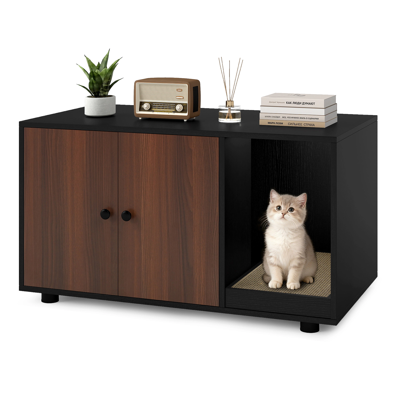 SUGIFT Black Cat Litter Box Furniture with Scratching Board 35.5-in W 20-in D 20-in H 88-lb Tabletop Capacity