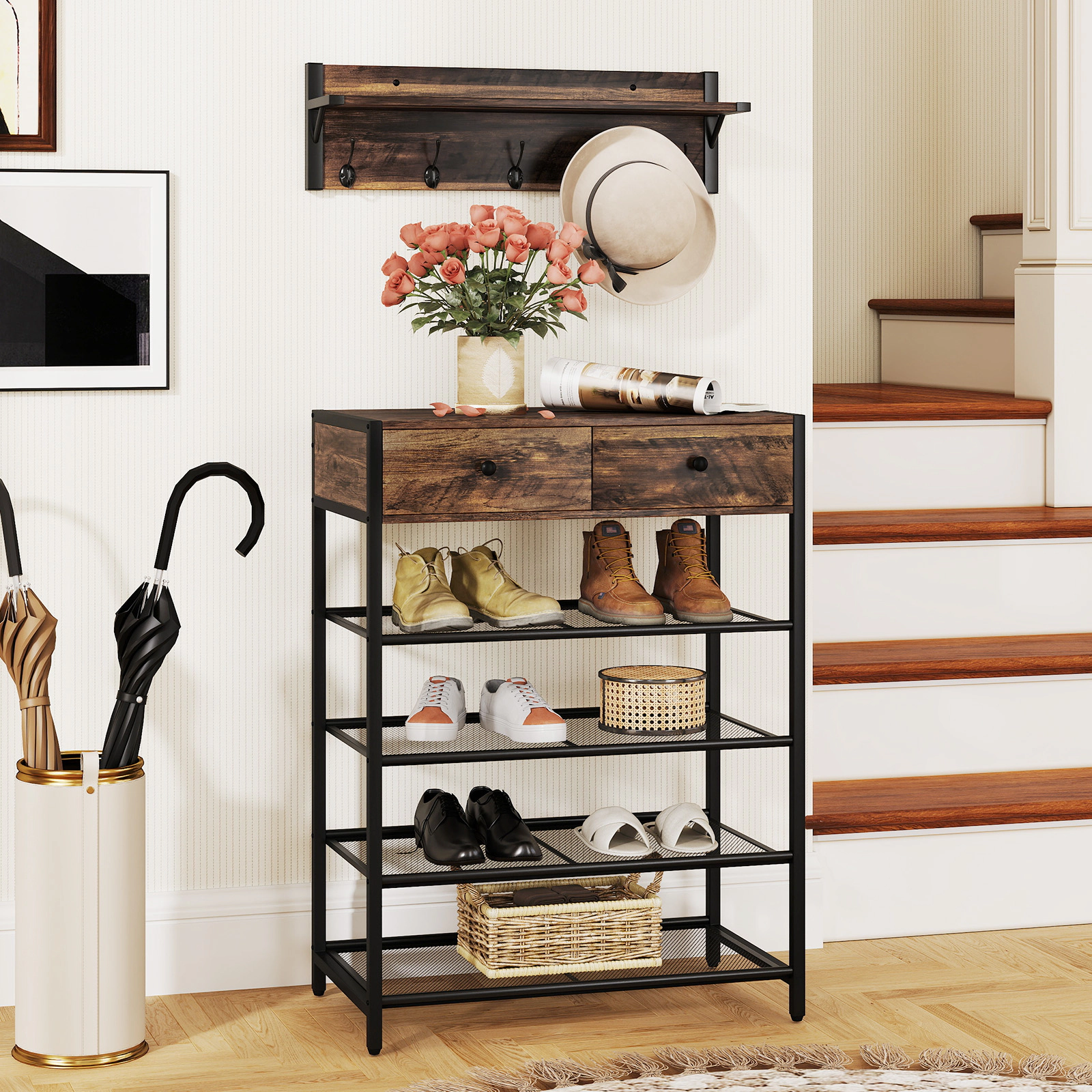 SUGIFT Brown Wall Mounted Coat Hanger 5-Tier Coat Rack and Shoe Stand Set Shoe Rack