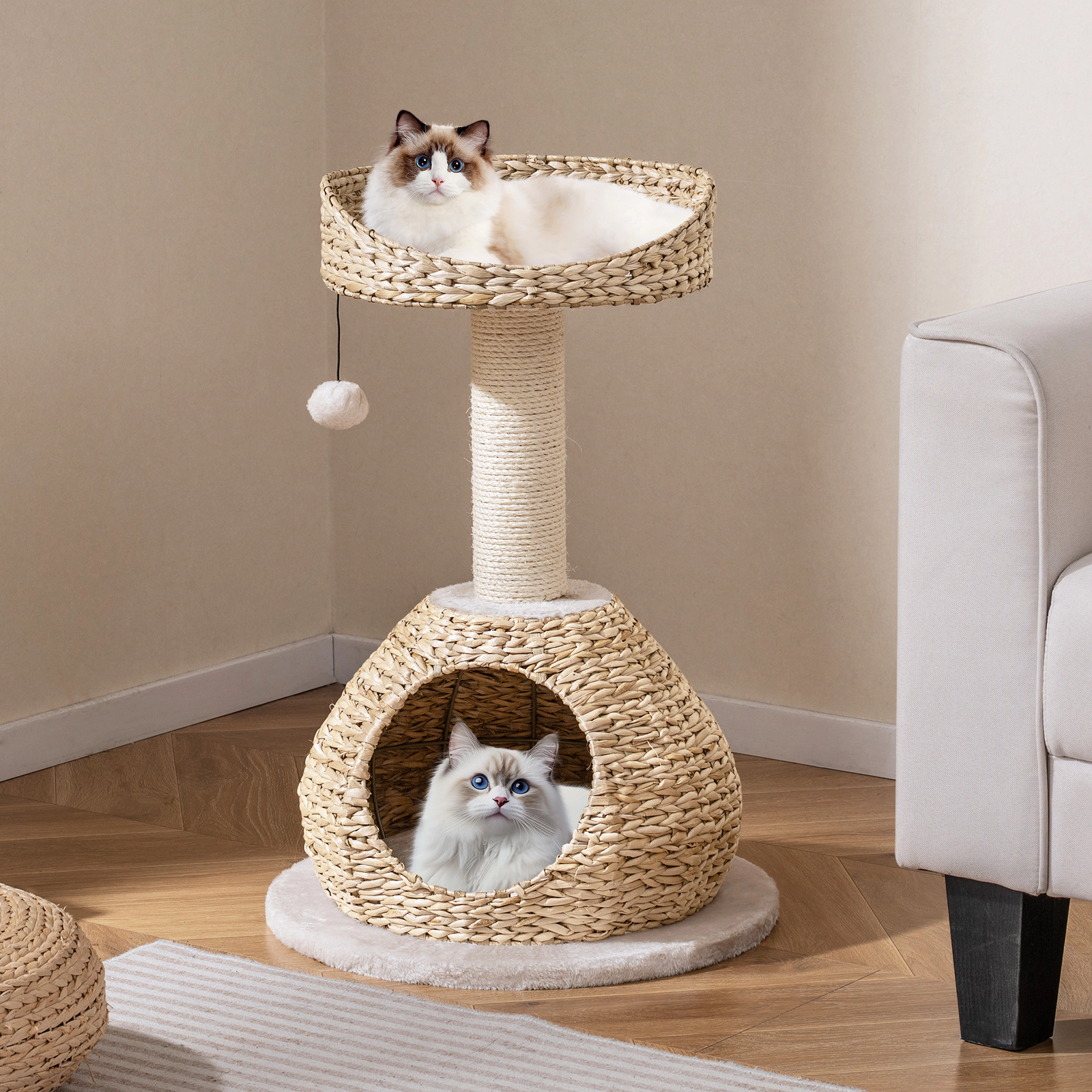 SUGIFT 28-in Dark Coffee Hand-Woven Cat Tree with Water Hyacinth House Sisal Post and 14-in Platform