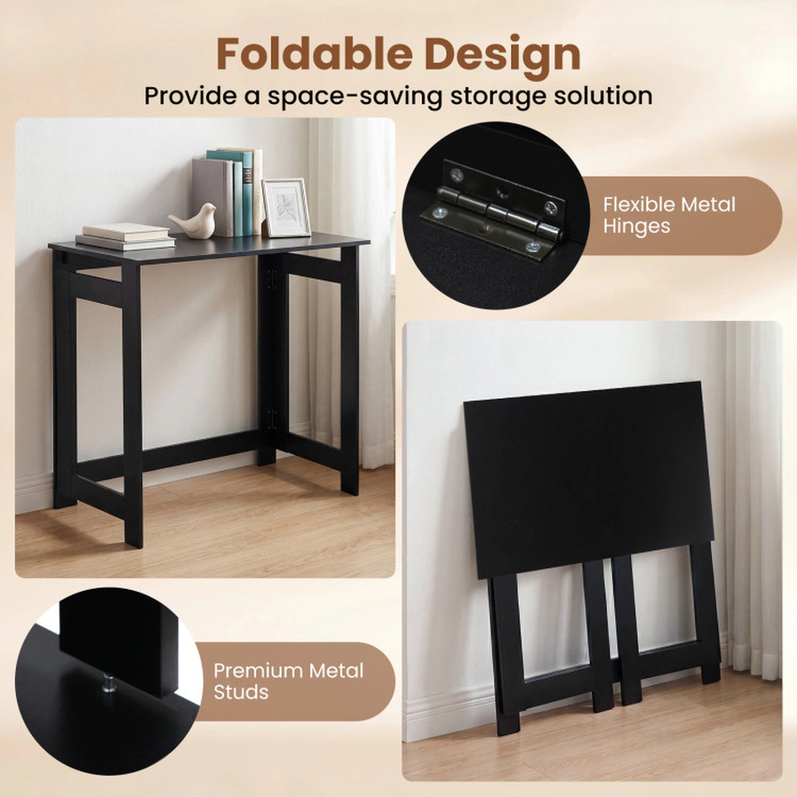 SUGIFT Space-Saving Folding Console Table with Foldable Legs 55-lb Capacity Black/Brown