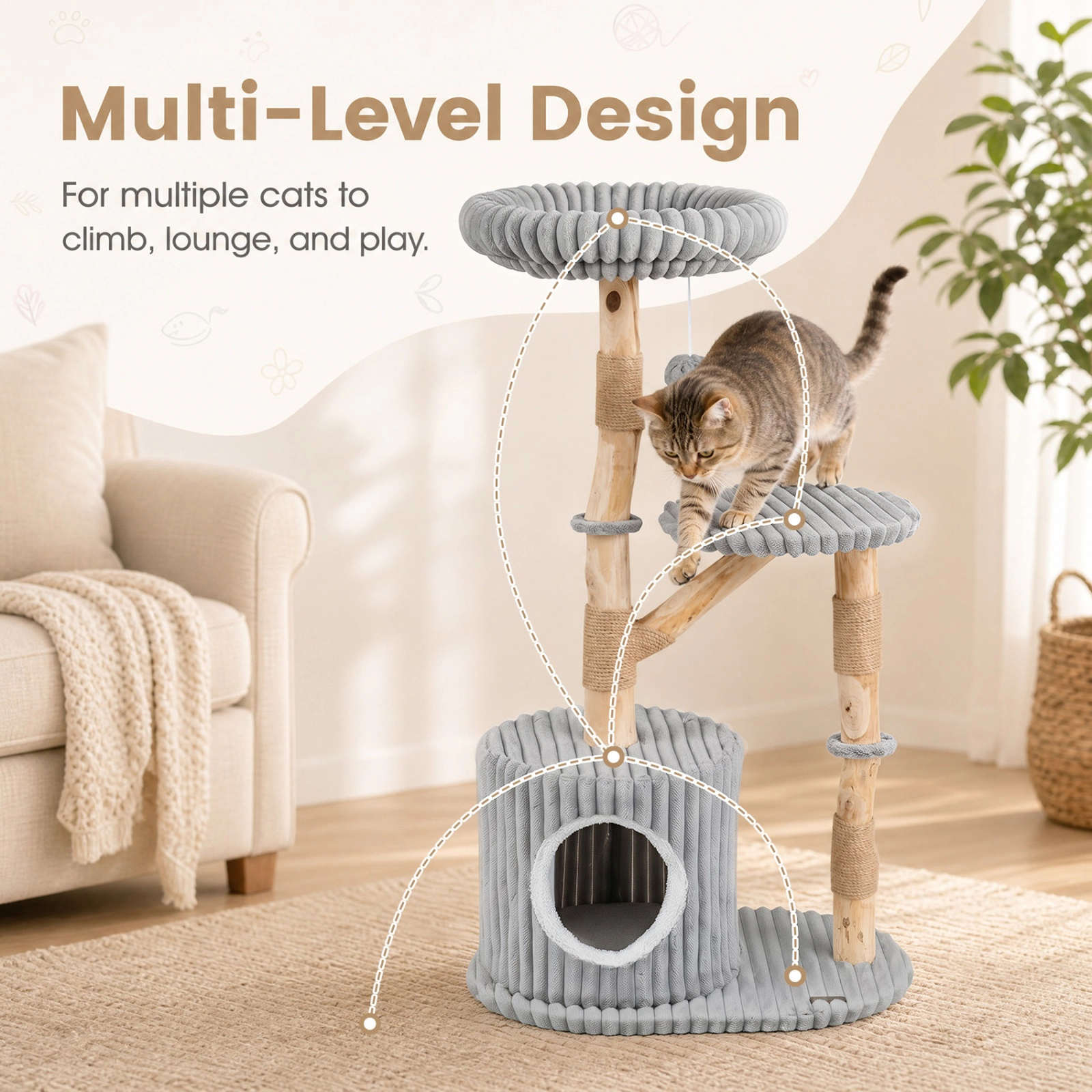 SUGIFT 41-in Solid Wood Cat Tree with Real Pear Wood Branches 16-in Top Perch and Washable Cushion Bed