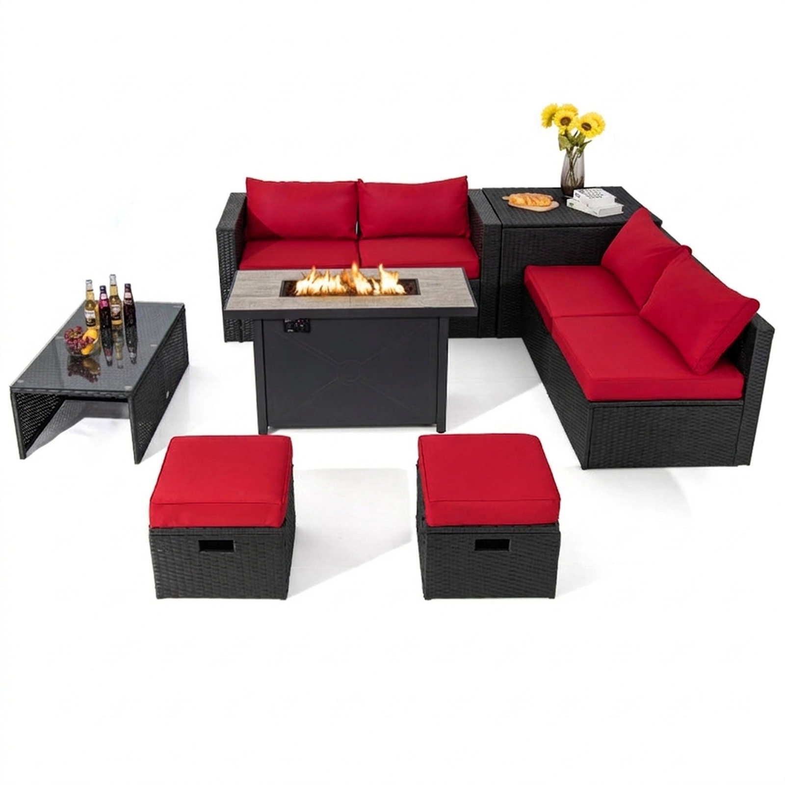 SUGIFT 9-Piece 350-lb Capacity Red Cushioned PE Rattan Outdoor Patio Sectional Set with 42-in 60000-BTU Fire Pit Table