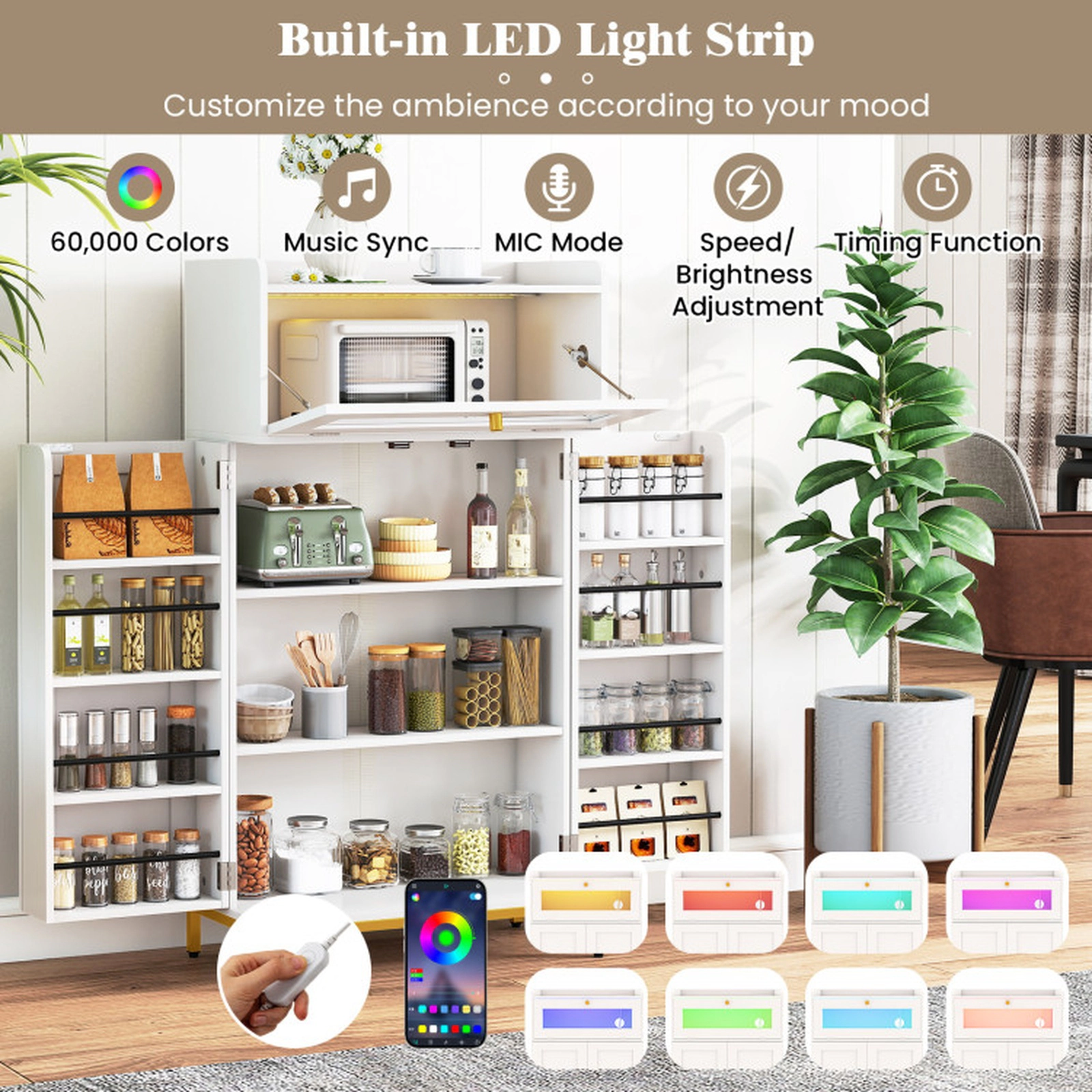 SUGIFT 43.5-in LED Charging Station Acrylic Flip Door Kitchen Pantry Cabinet 23.5-in x 12-in 70-lb Capacity White