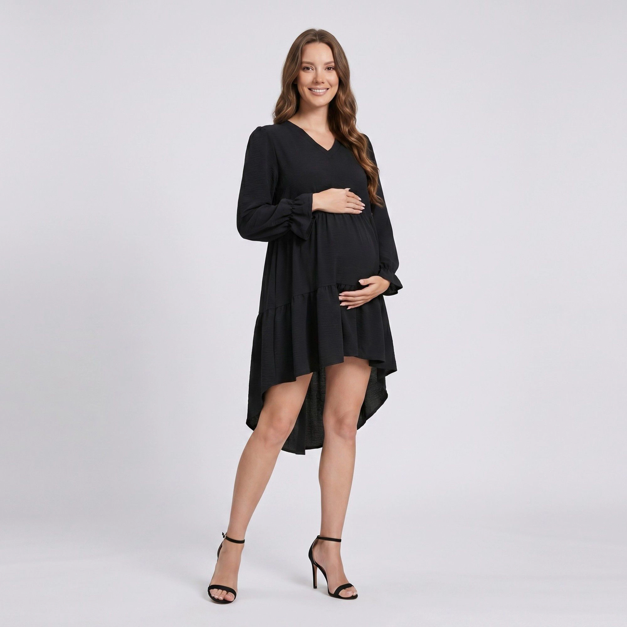 Anna-Kaci Women's Maternity V Neck High Low Long Sleeve Tiered Hem Mini Dress
