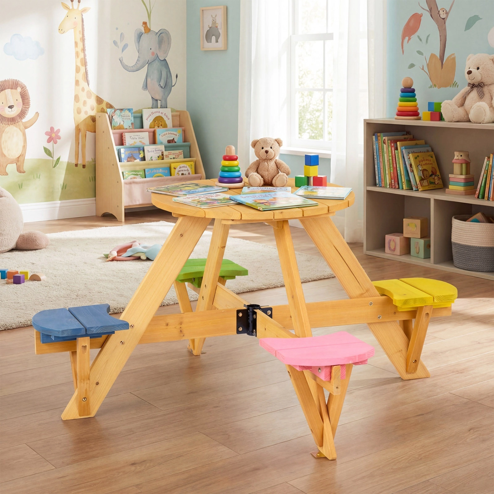 SUGIFT Kids Picnic Table Set, Blue Fir Wood Table with 4 Stools and 46.5-Inch Umbrella