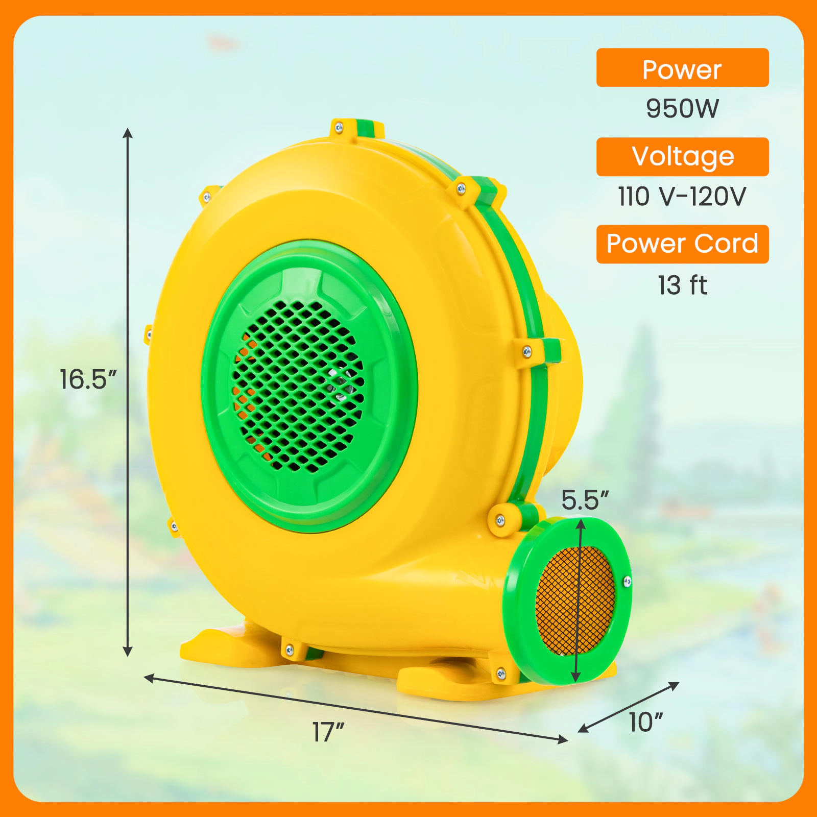 SUGIFT 950W Air Blower Air Pump Fan with Handle Ground Stakes and Mesh-Covered Air Vent Yellow