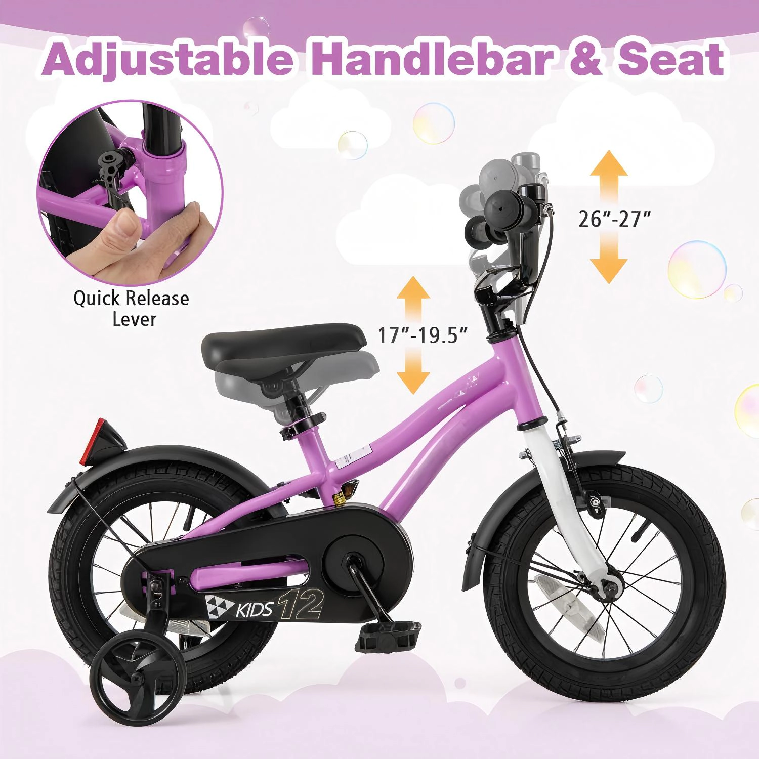 SUGIFT 12-Inch Kids Training Bicycle with Dual Brakes 110-lb Capacity Ages 3-4 Years Purple with Training Wheels