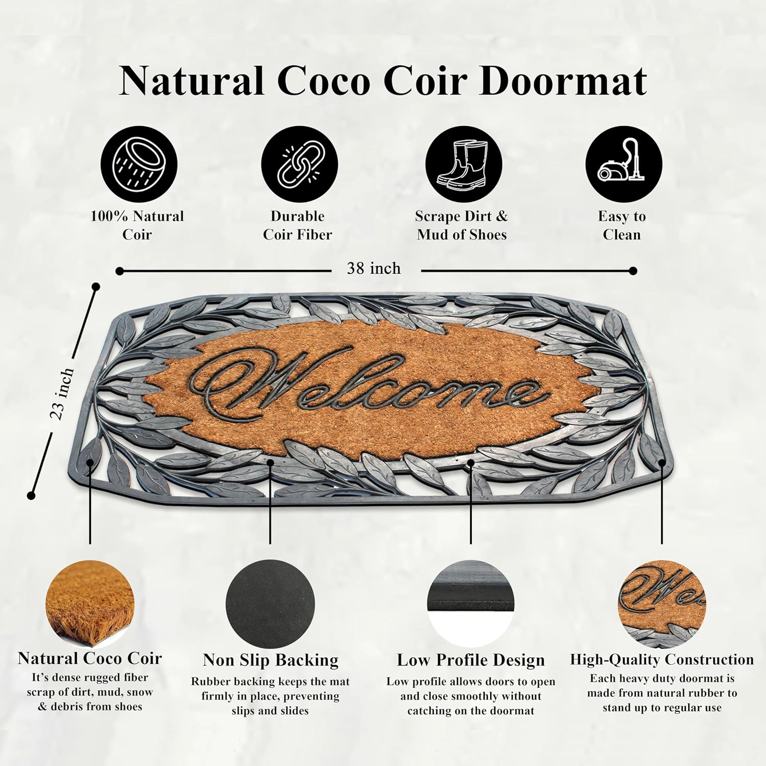 A1 Home Collections Oval Coir and Rubber Door Mat 38x23 Inches Anti-Shed Heavy Duty Non-Slip Leaf Border Welcome Black