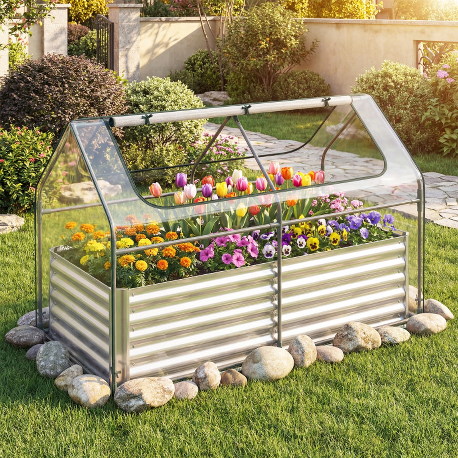 SUGIFT Galvanized Raised Garden Bed with Mini Greenhouse Cover Outdoor Planter Silver + Clear