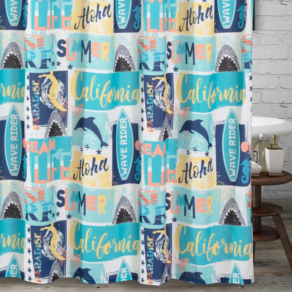 Greenland Home Fashion Bathroom Fabric Curtains Waterproof Wave Riders Rainbow Wave Rider Shower Curtain - Blue 72x72"