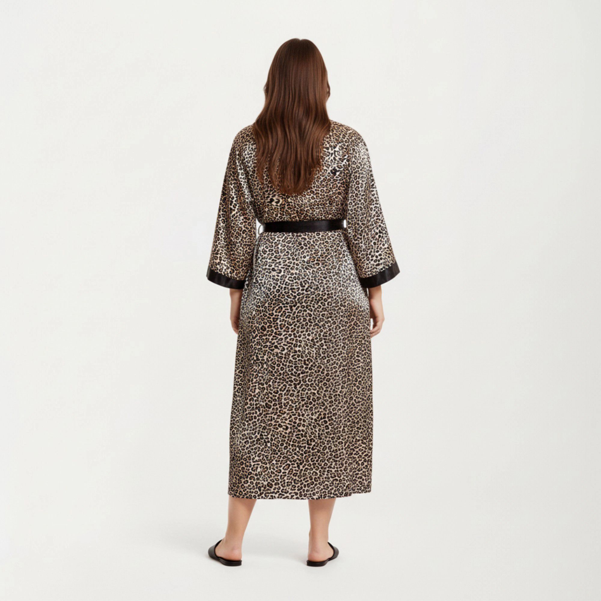 Anna-Kaci Women's Leopard Print Satin Robe Contrast Trim Silky Fabric Waist Tie Closure and Flowing Longline Silhouette