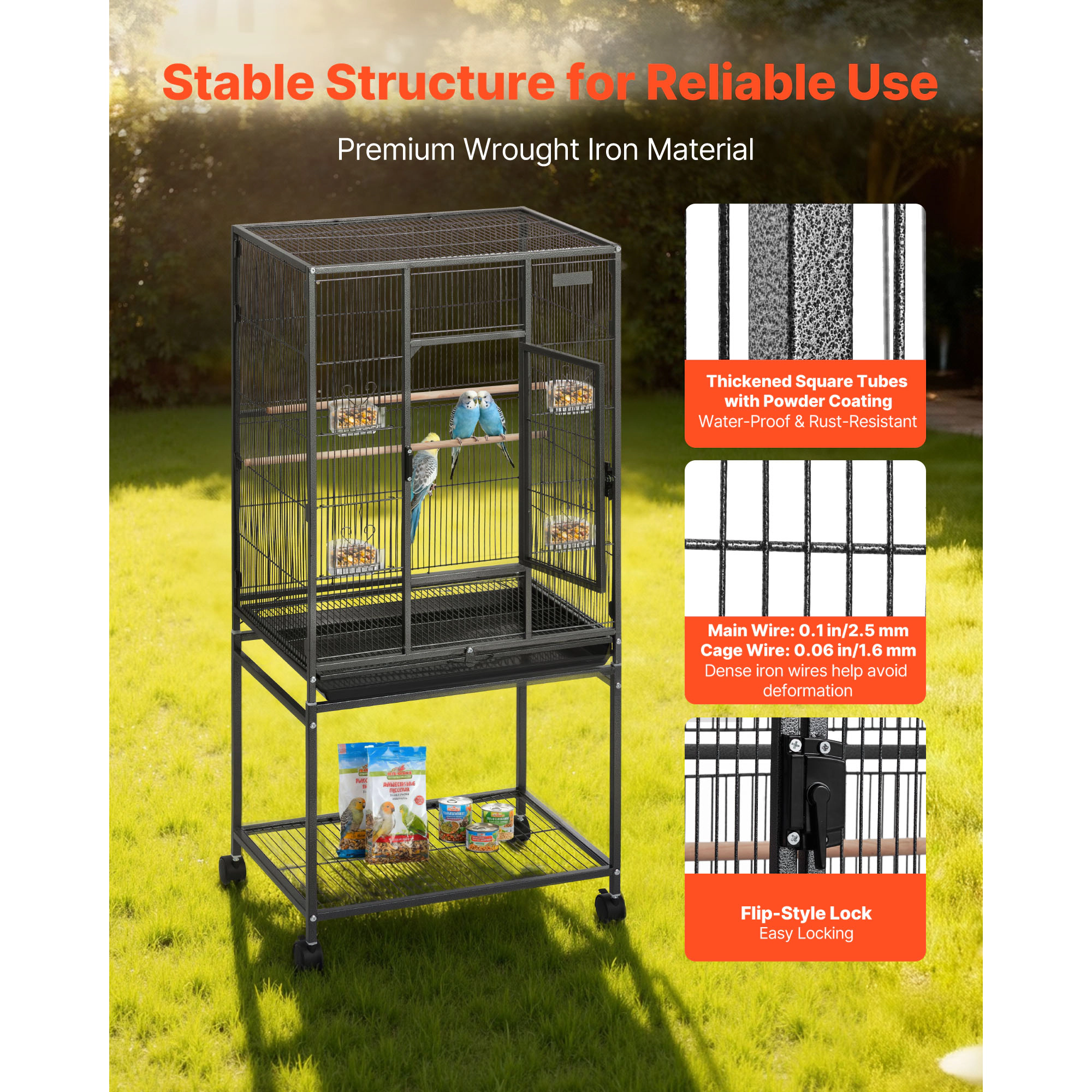 HONGGE Wrought Iron Flat-Top Bird Flight Cage with Casters, 24.6 x 16.7 x 53.9 in, Holds 3-4 Small-Medium Birds