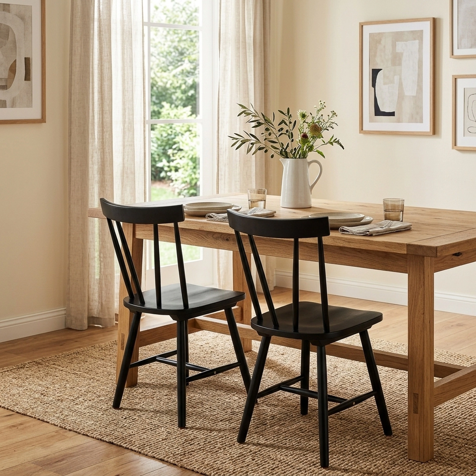 SUGIFT Set of 2 Black Windsor Dining Chairs, Solid Rubber Wood, Spindle Back, Armless, 17.5-Inch Seat