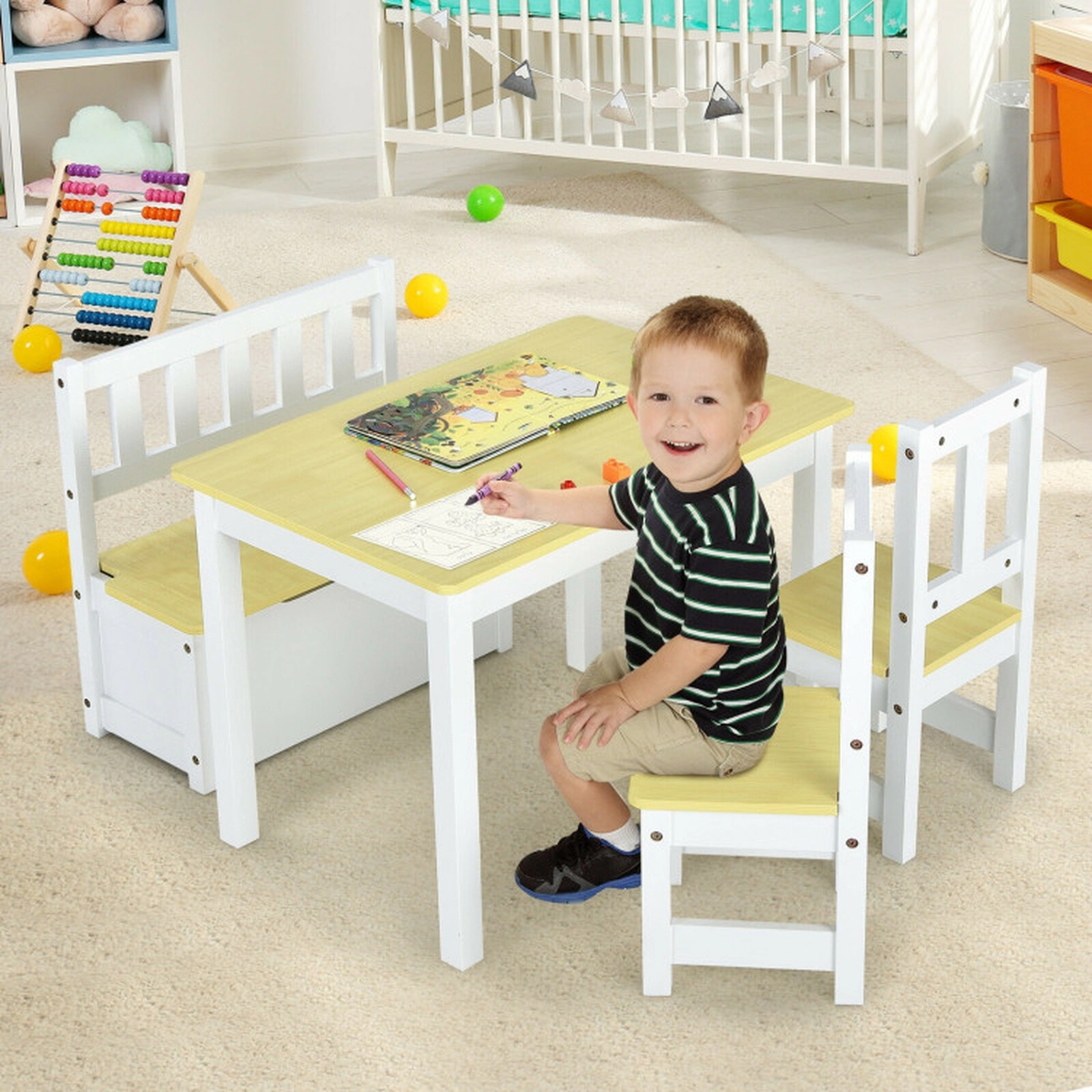 SUGIFT 4-Piece Kids Wooden Activity Table and Chairs Set with Storage Bench 110-lb Capacity Ages 3-5 Gray/Natural