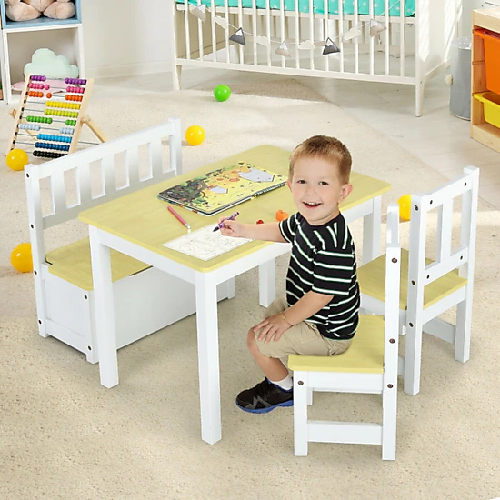 SUGIFT 4-Piece Kids Wooden Activity Table and Chairs Set with Storage Bench 110-lb Capacity Ages 3-5 Gray/Natural