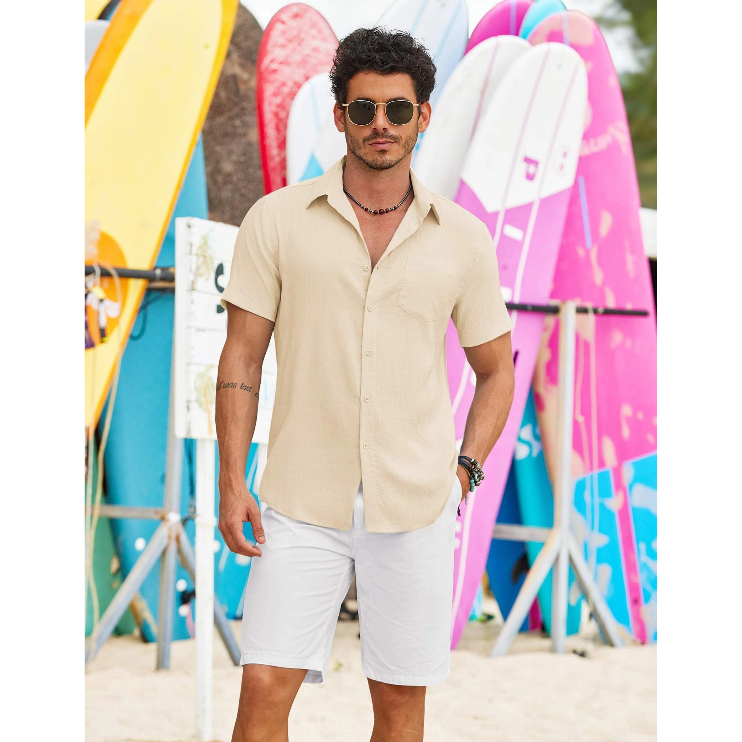 COOFANDY Men's Regular Fit Lightweight Textured Short Sleeve Camp Shirt