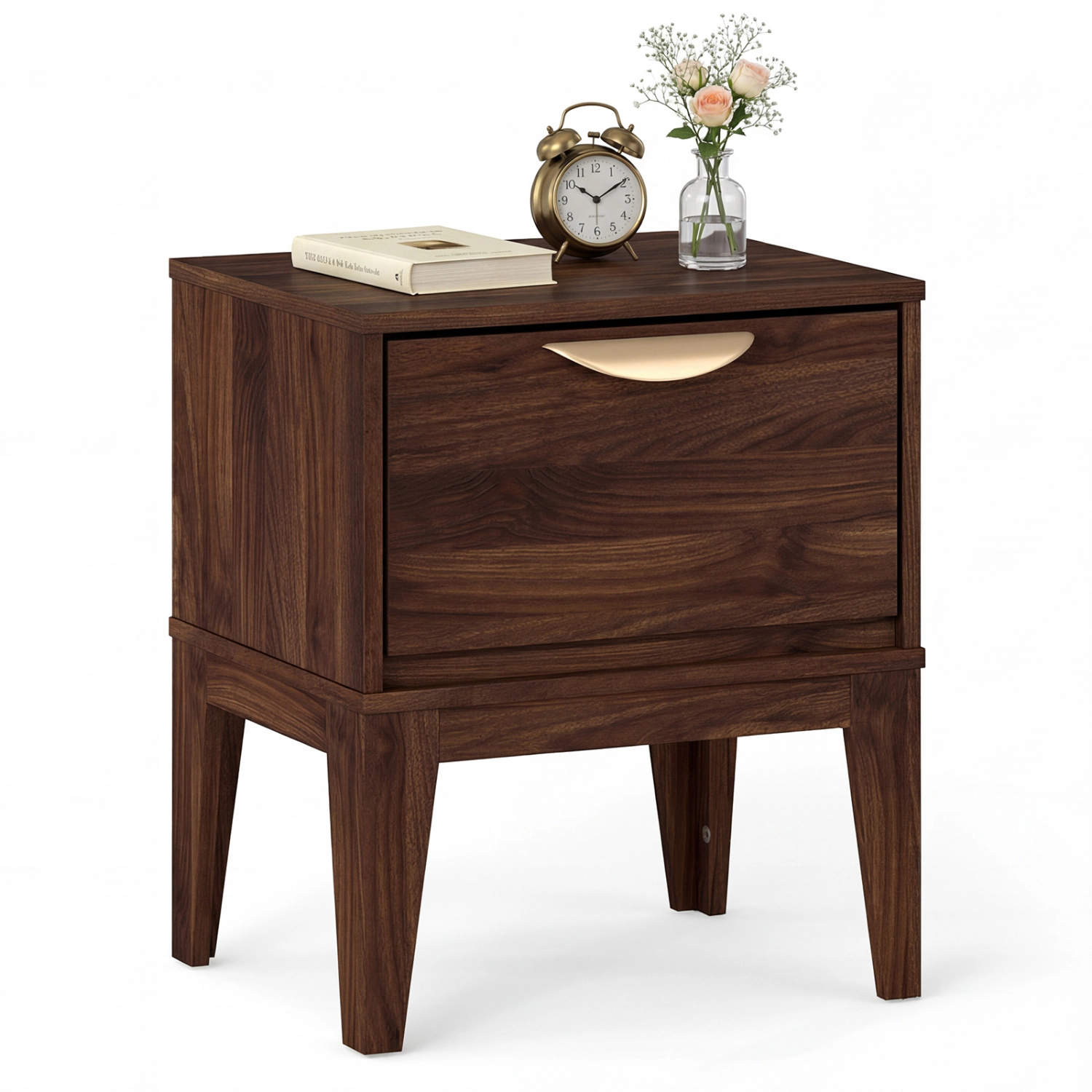 Glintex Mid-Century Bedside Table with 6-Inch Deep Drawer and 8-Inch Tapered Legs, Walnut