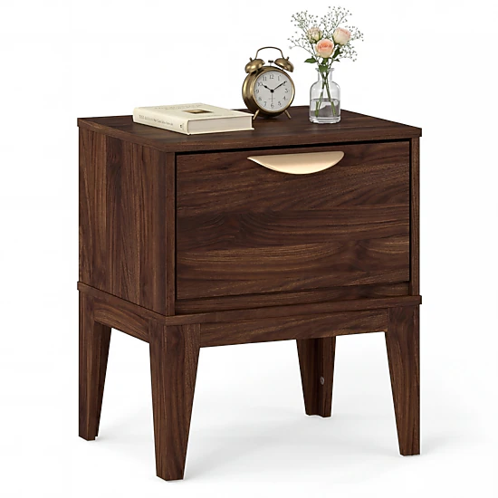 Glintex Mid-Century Bedside Table with 6-Inch Deep Drawer and 8-Inch Tapered Legs, Walnut
