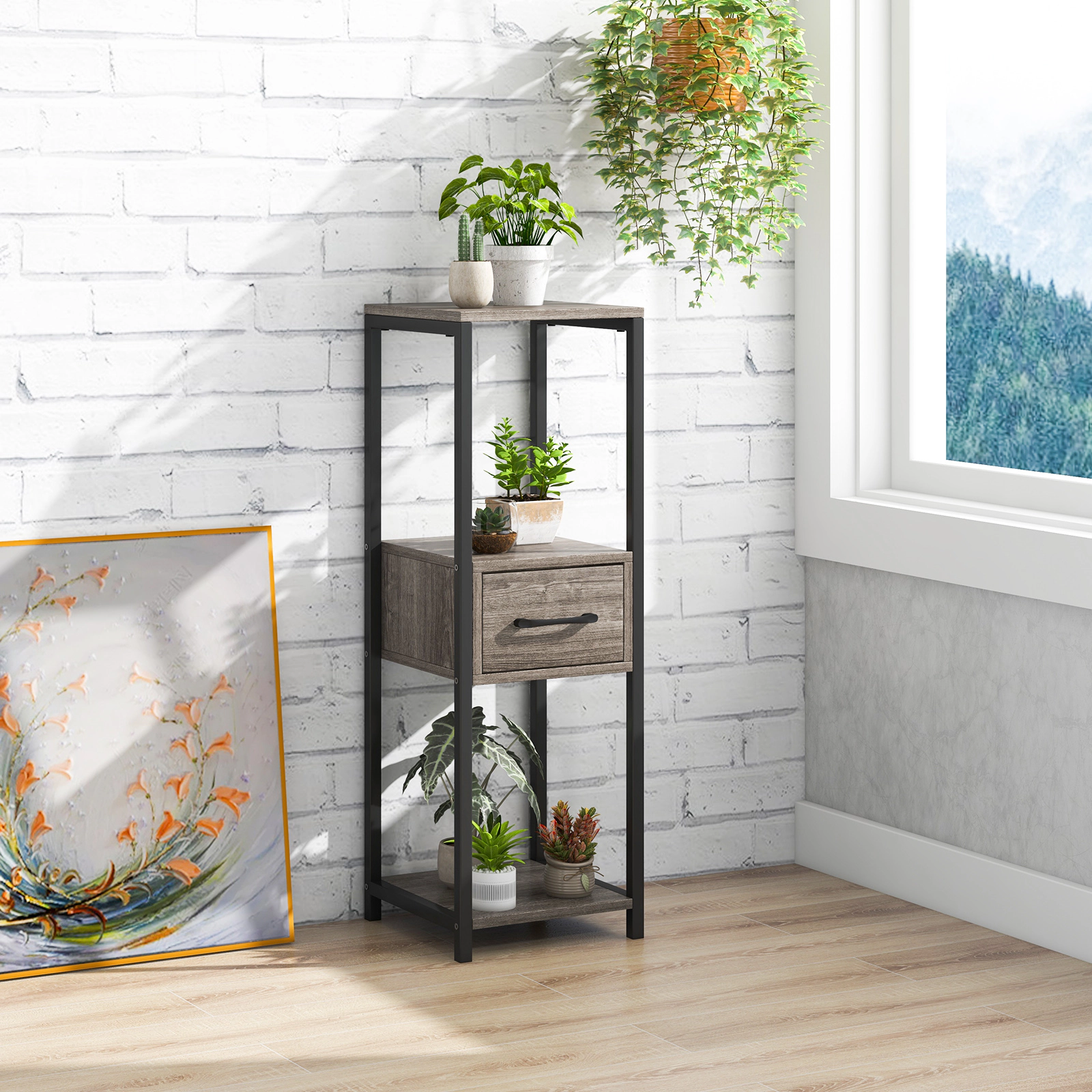 Slickblue 2 Pack Tall Metal Plant Stand with Drawer Indoor Outdoor Display Rack