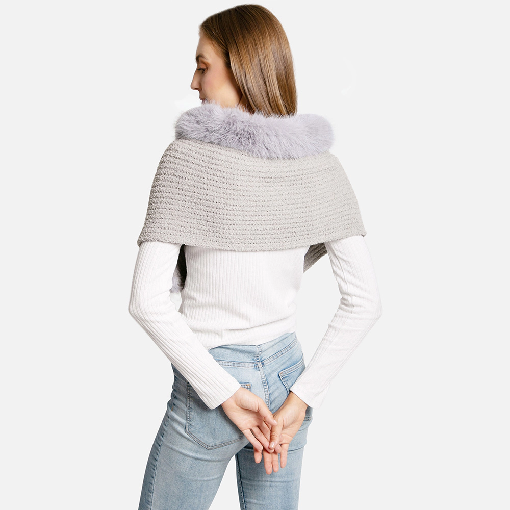 TRUEDAMES Women Faux Fur Trim Solid Knitted Rib Shawl Wrap