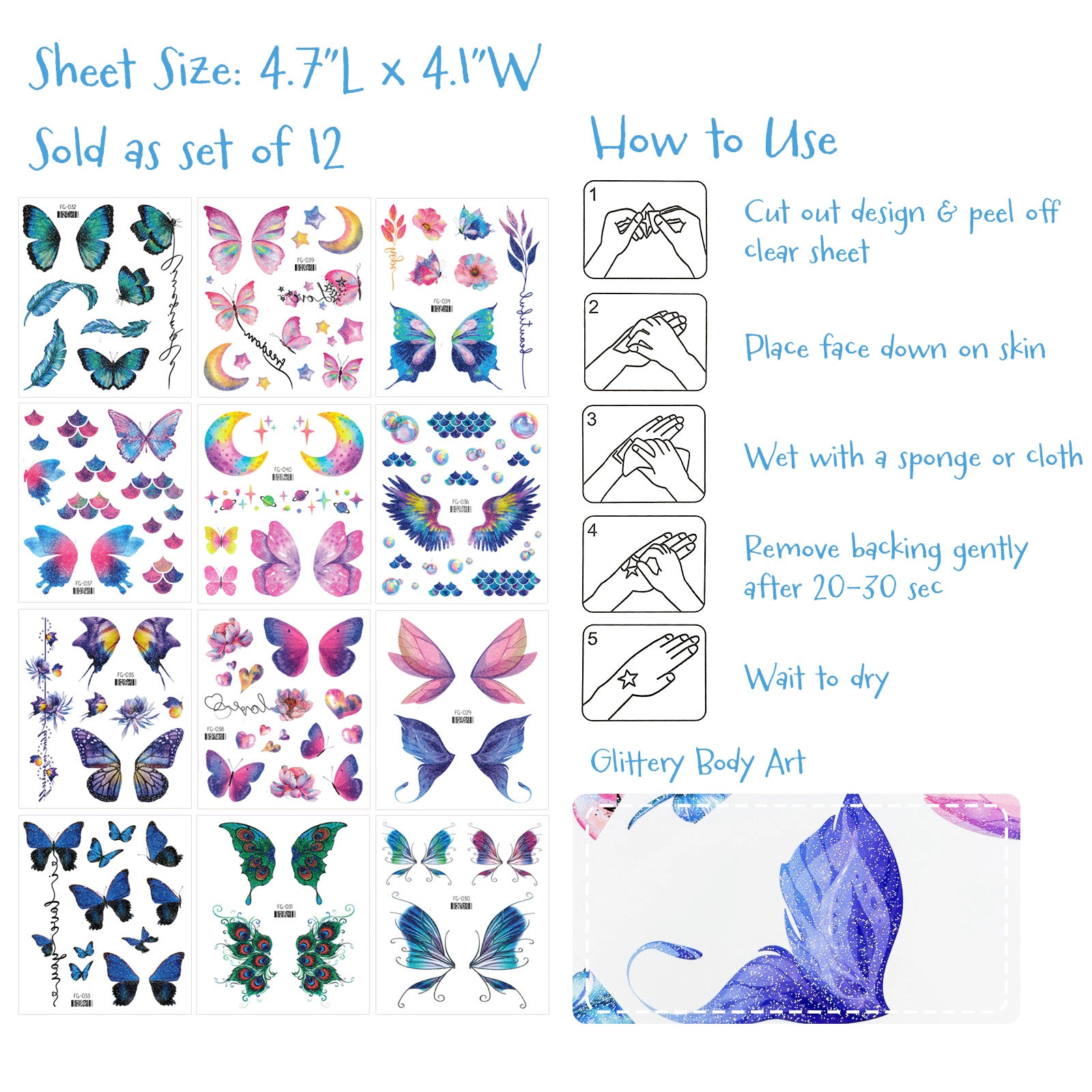 Wrapables Waterproof Glitter Butterfly Wings and Fairy Design Temporary Tattoos for Women (12 Sheets)