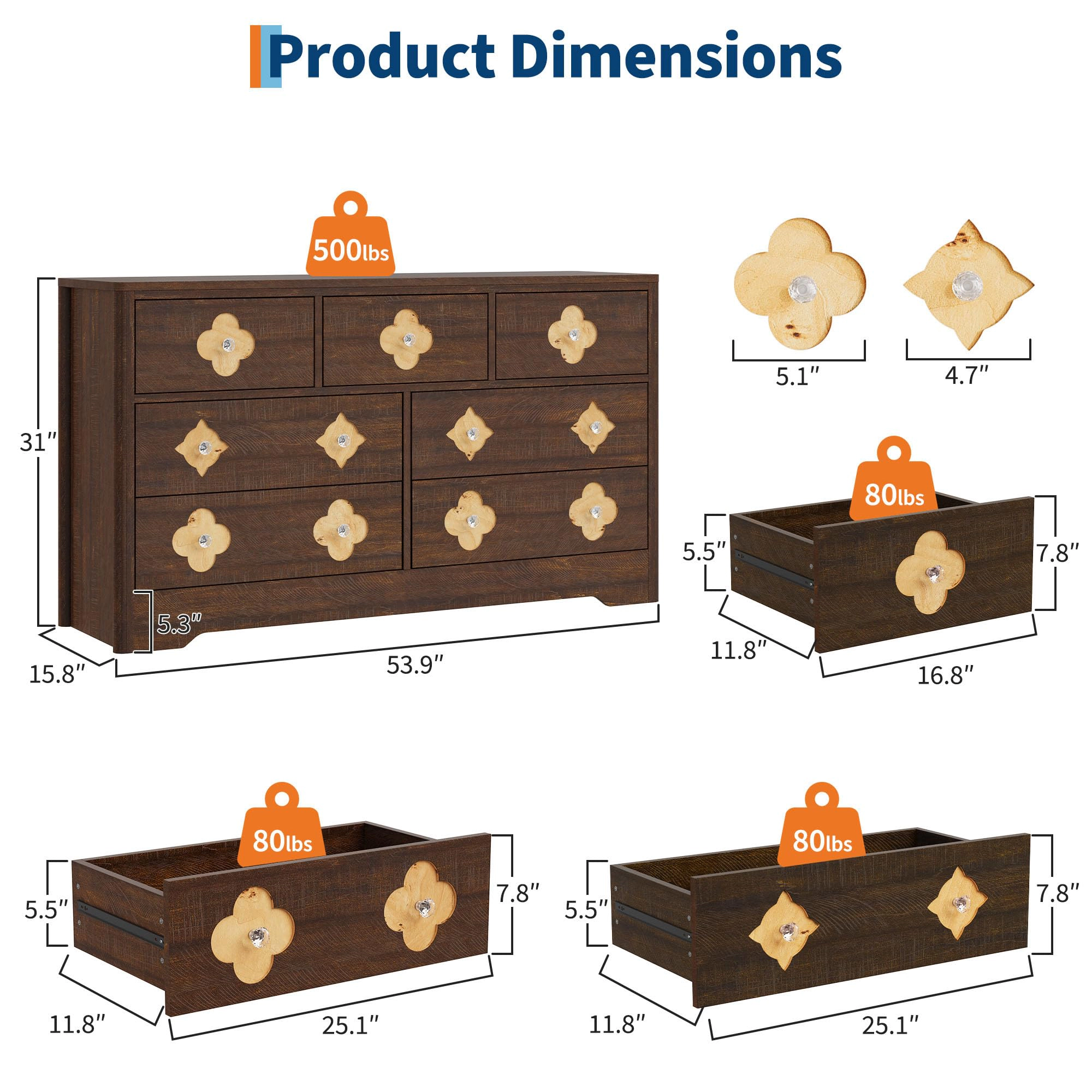 54" Wide 7 Drawer Wood Dresser with Decorative Fronts & Crystal Knobs, Storage TV Stand Organizer