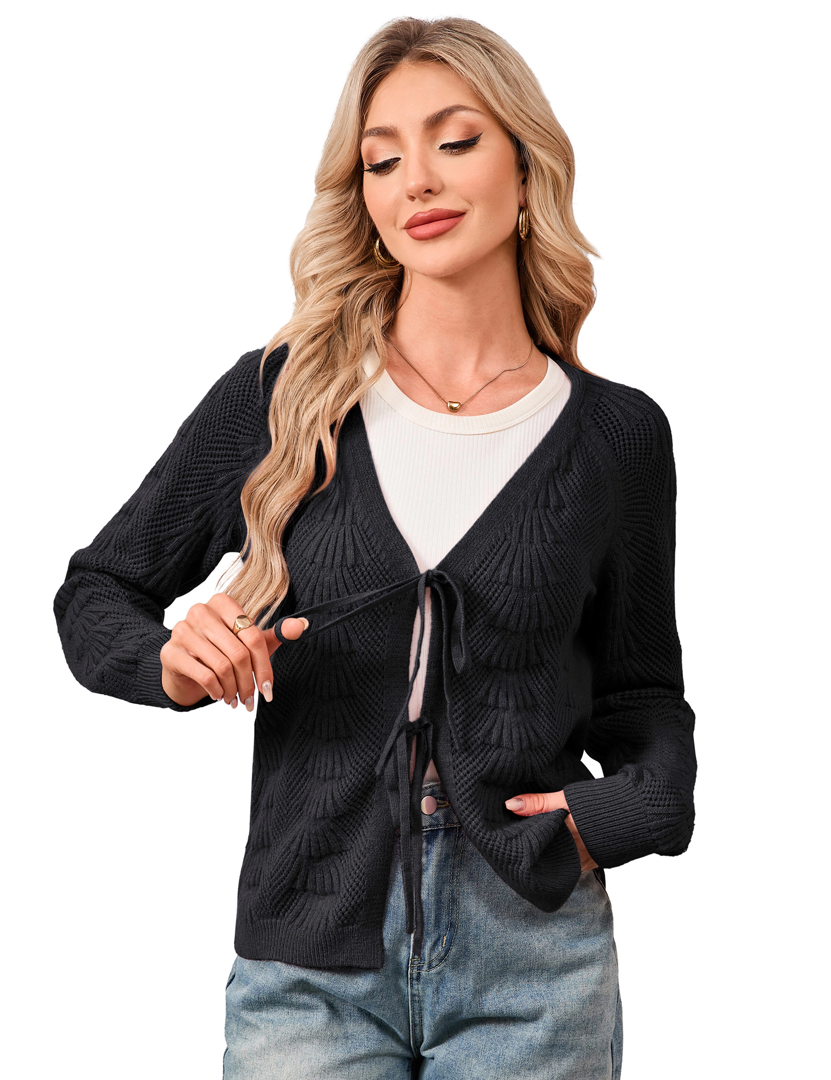 KOJOOIN Women's Lightweight Shrug Tie Front Cardigan Long Sleeve Crop Hollow Knit Sweater