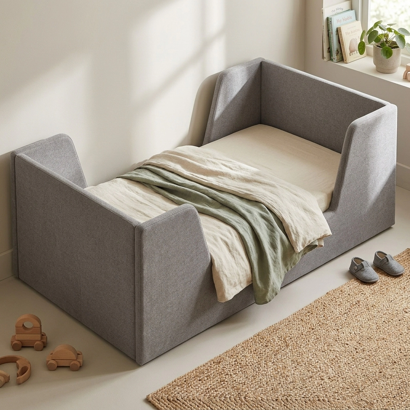 SUGIFT Gray Velvet Upholstered Toddler Bed Frame, Low Platform Bed, 55.5 x 31 x 19.5 in