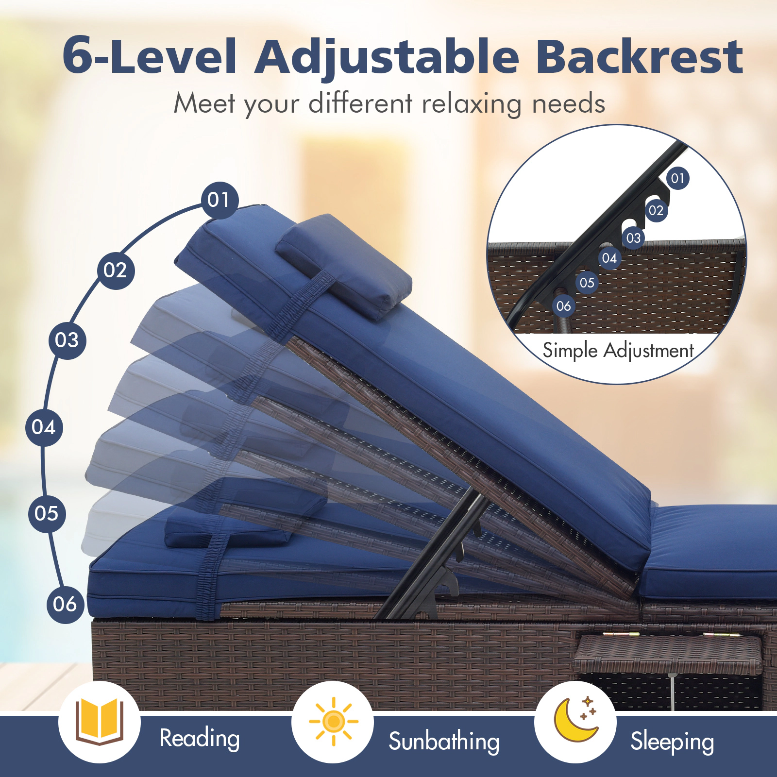 SUGIFT Cushions Headrests and Folding Side Table 400-lb Set of 2 Navy Patio Chaise Lounges