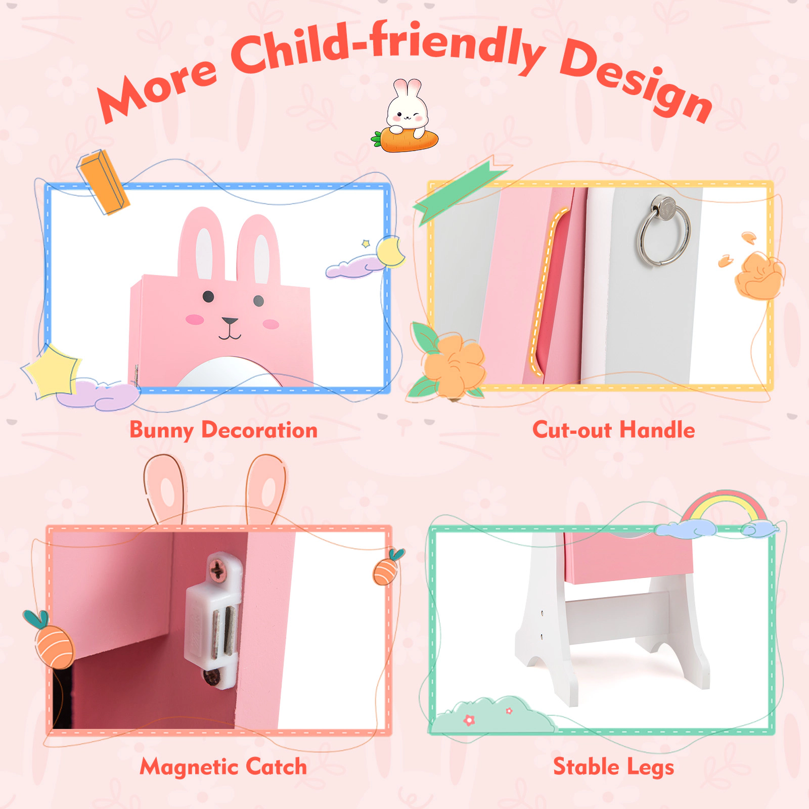 SUGIFT Kids Jewelry Armoire with Full-Length Mirror 2 Tilt Angles 2 Drawers and Rabbit Theme Design